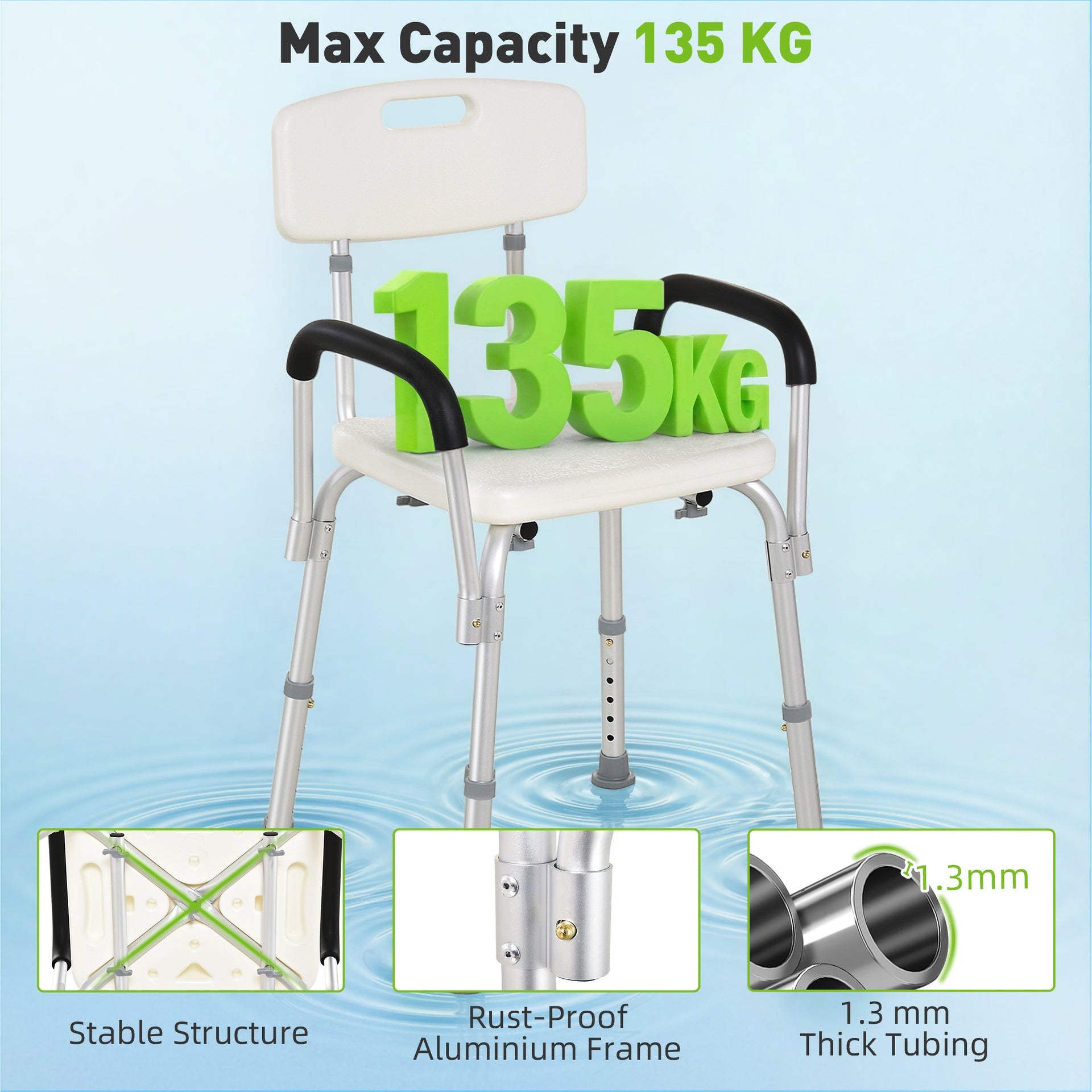 HOMCOM Shower Chair, Mobility Medical Grade Bath Chair, Adjustable Shower Bench with Removable Armrests for Seniors, Handicap, Disabled