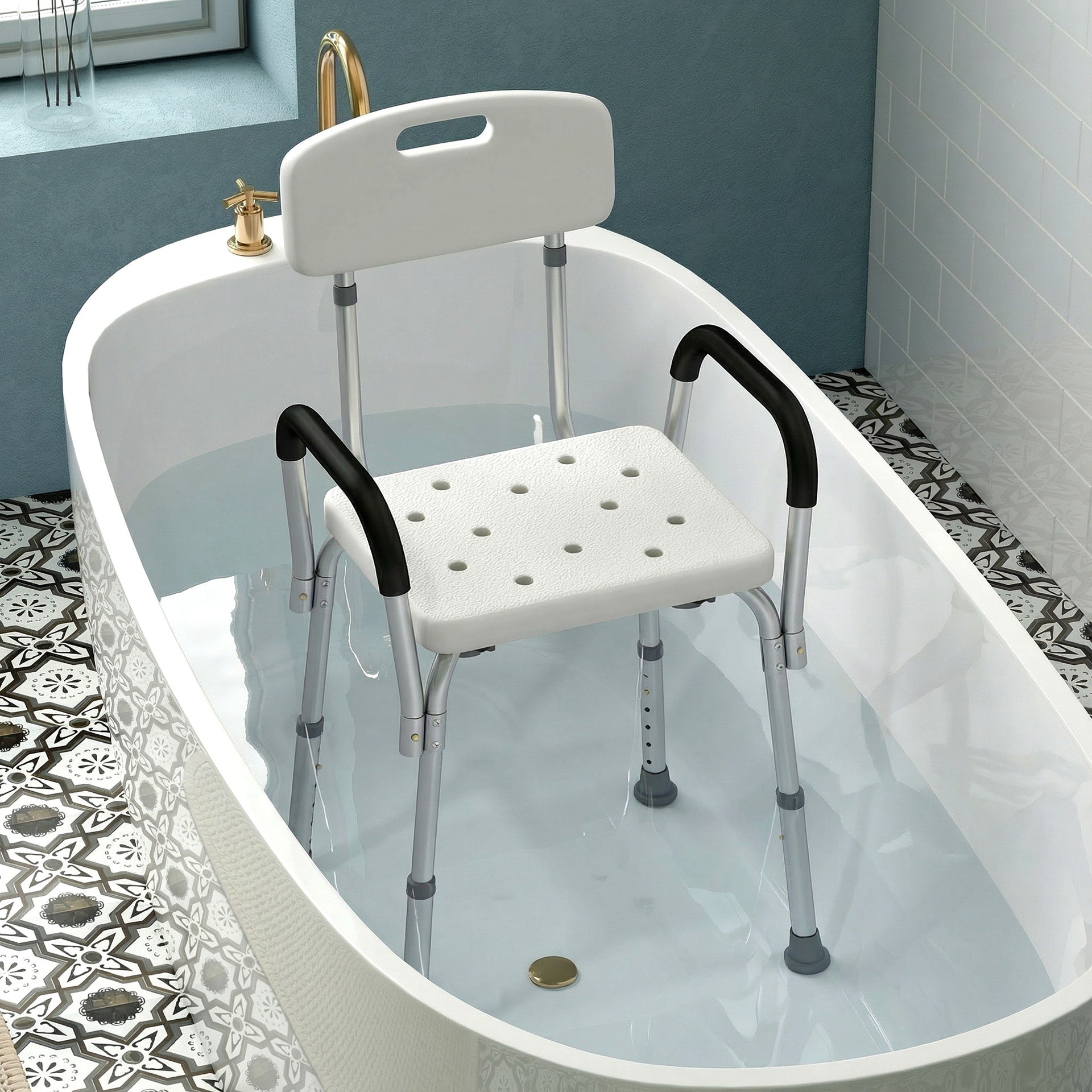HOMCOM Shower Chair, Mobility Medical Grade Bath Chair, Adjustable Shower Bench with Removable Armrests for Seniors, Handicap, Disabled