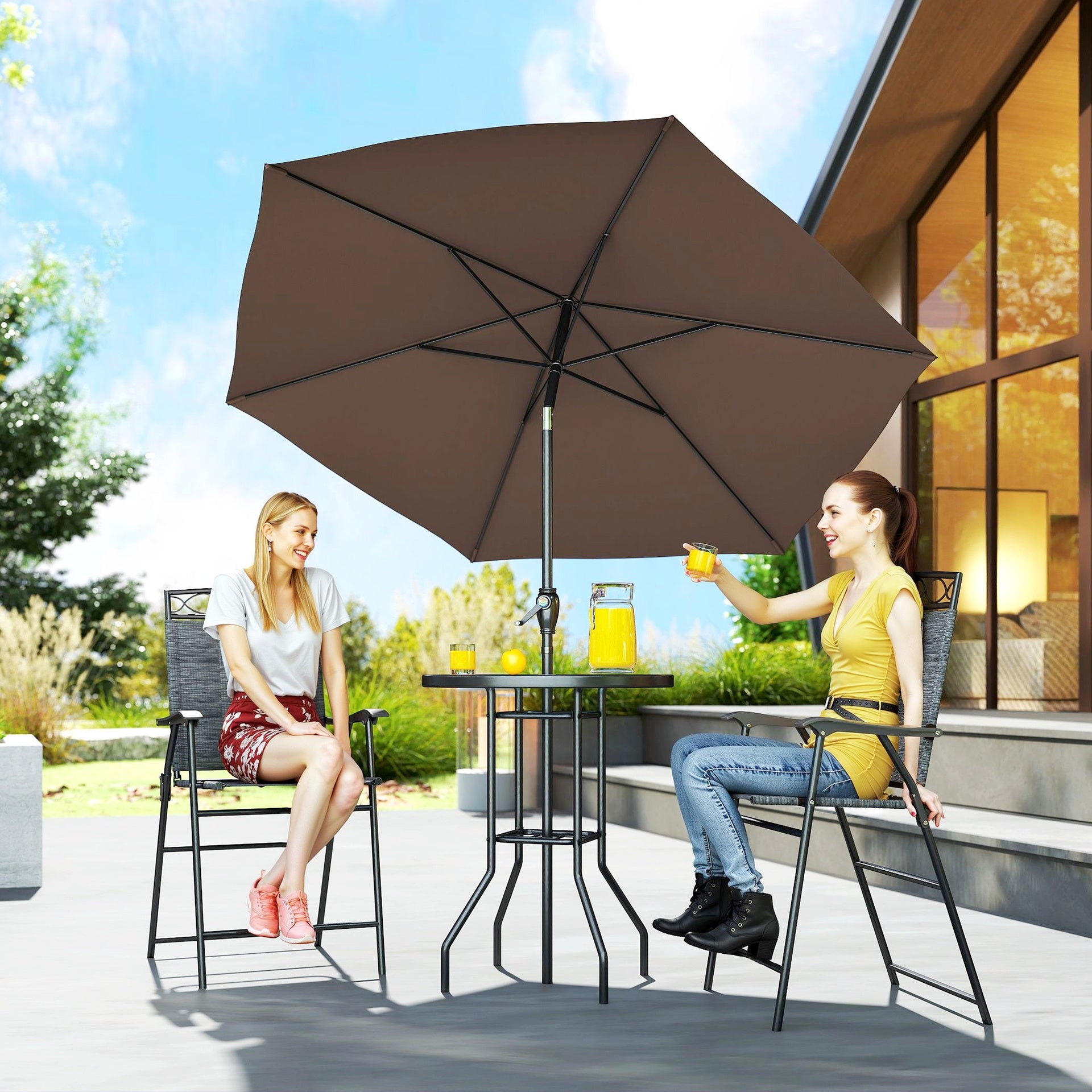 Outsunny 4 Piece Outdoor Bar Set with Umbrella, Patio Dining Set with 2 Folding Chairs, Wave Textured Tempered Glass Table for Backyard, Garden, Deck, Poolside, Black