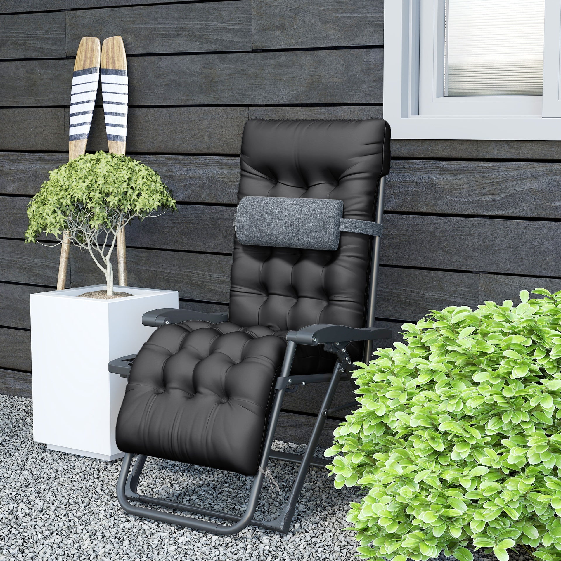 Outsunny Padded Zero Gravity Chair, Folding Recliner Chair with Cup Holder Cushion, Black