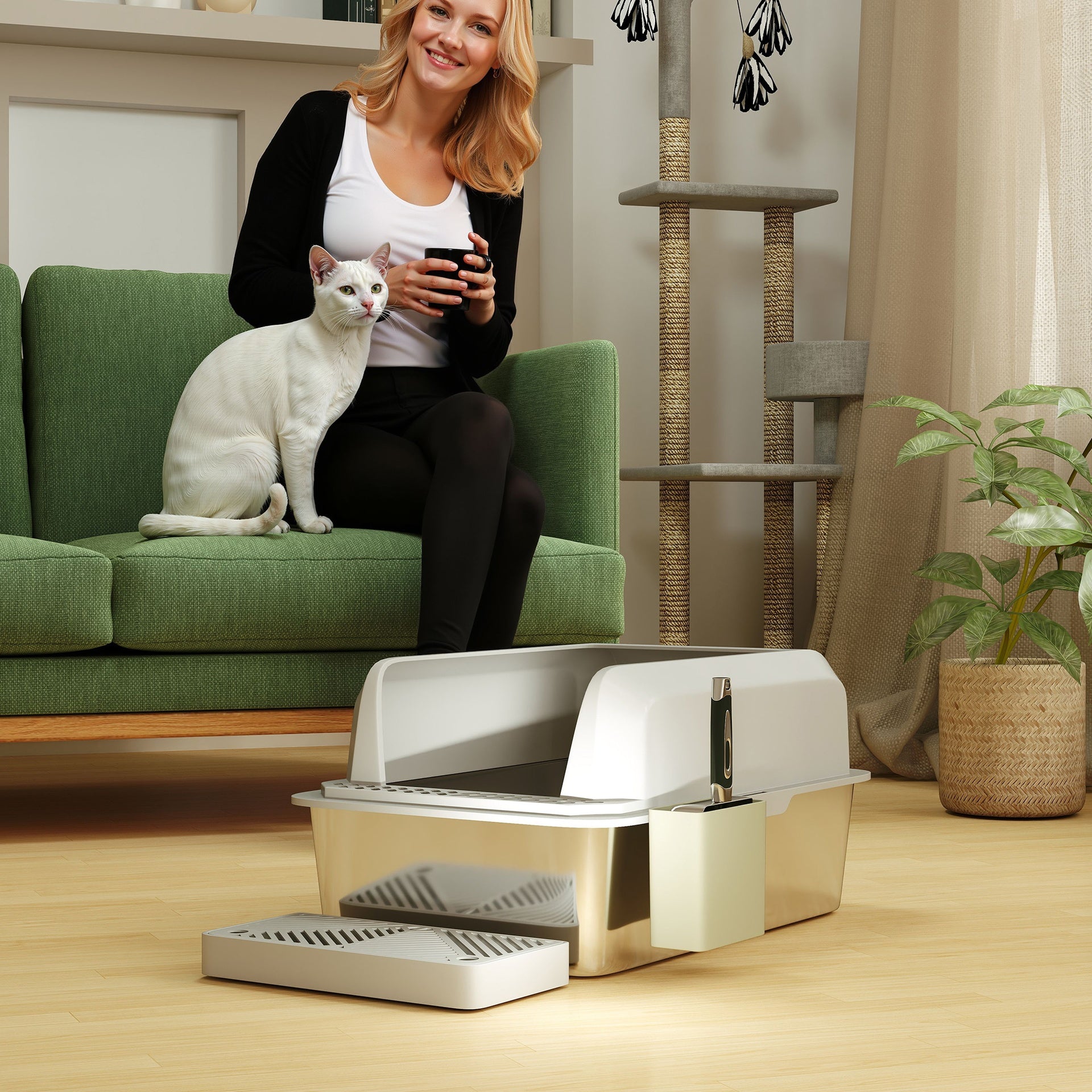 PawHut Stainless Steel Litter Box with Metal Scoop & Scoop Holder, High Sided, Anti-Urine Leakage, Non-Sticky