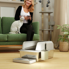PawHut Stainless Steel Litter Box with Metal Scoop & Scoop Holder, High Sided, Anti-Urine Leakage, Non-Sticky