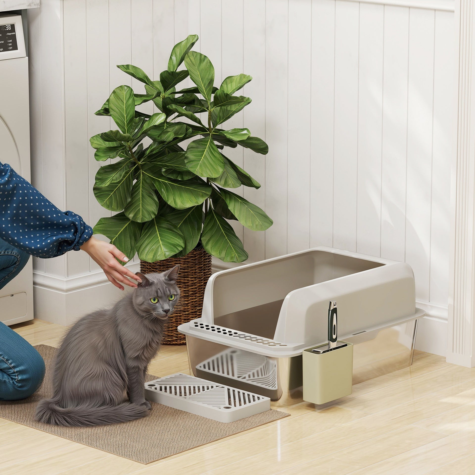 PawHut Stainless Steel Litter Box with Metal Scoop & Scoop Holder, High Sided, Anti-Urine Leakage, Non-Sticky
