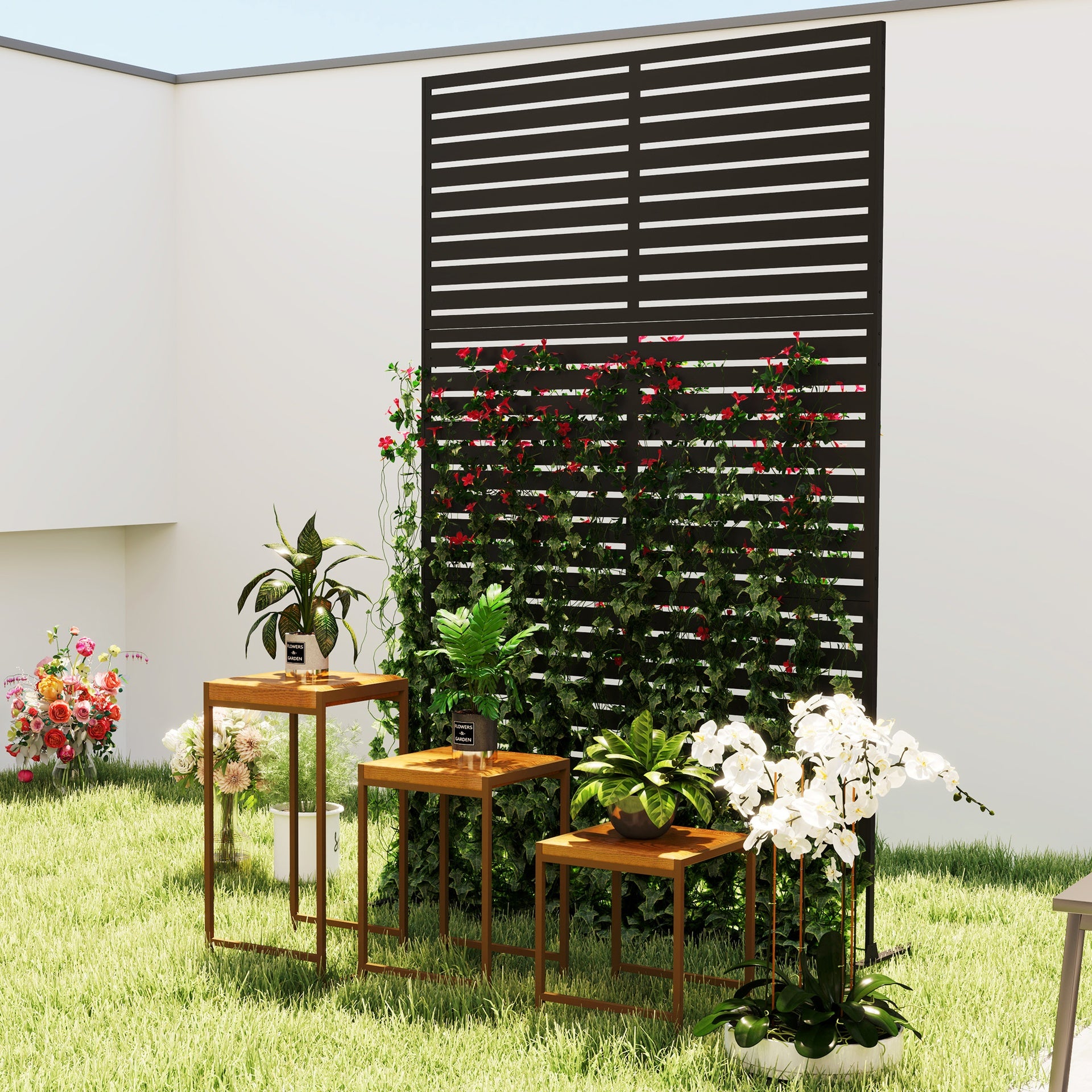 Outsunny Decorative Privacy Fence Screen, Metal Outdoor Privacy Screen Climbing Plant Trellis with Stand, 78" H x 48" W, Black