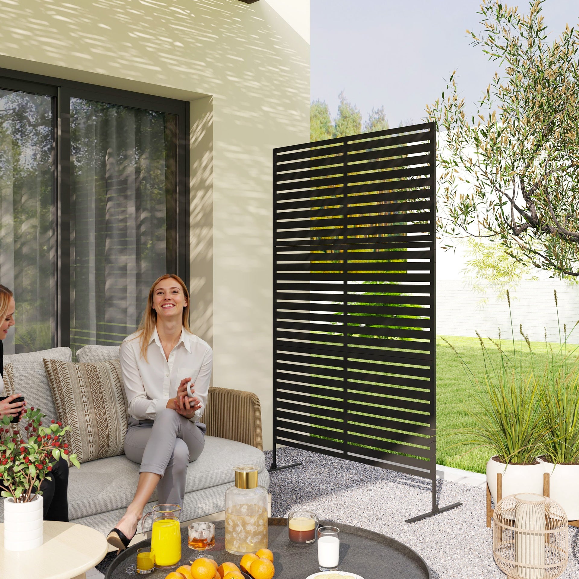 Outsunny Decorative Privacy Fence Screen, Metal Outdoor Privacy Screen Climbing Plant Trellis with Stand, 78" H x 48" W, Black
