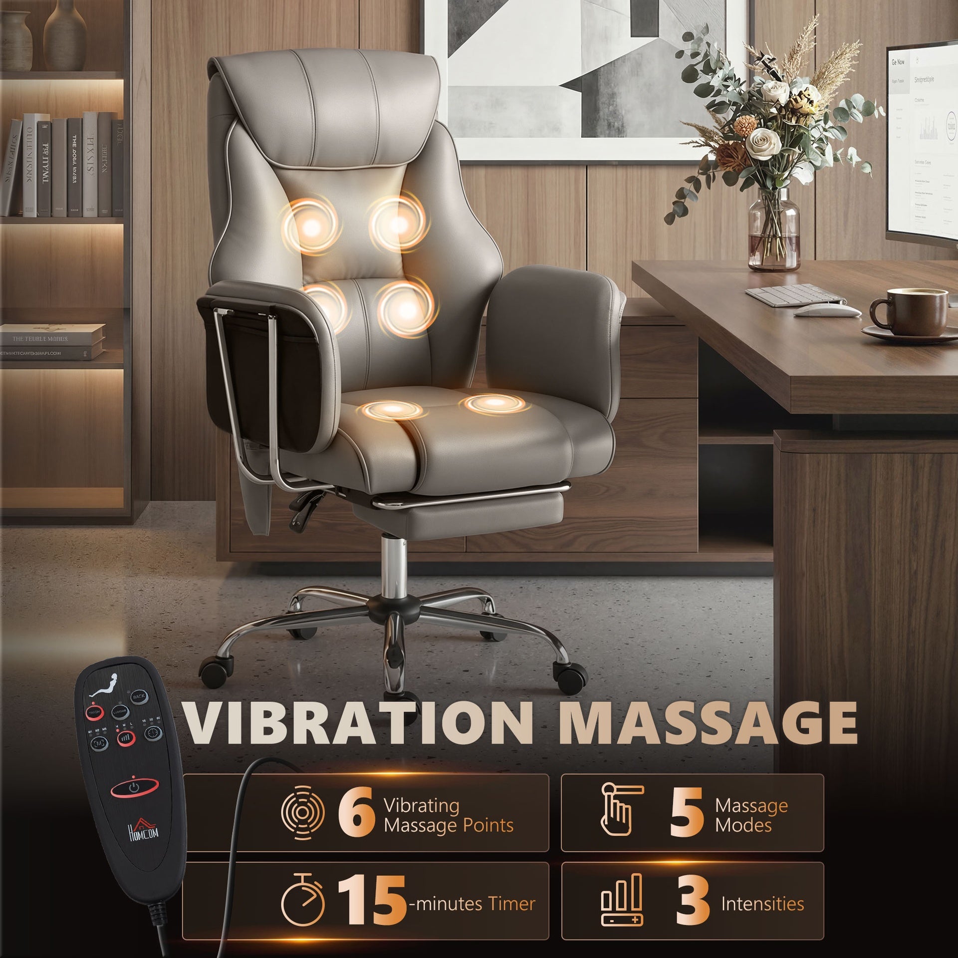 HOMCOM Massage Office Chair with 6 Points Vibration, Executive Desk Chair with High Back, PU Leather, Footrest, Gray