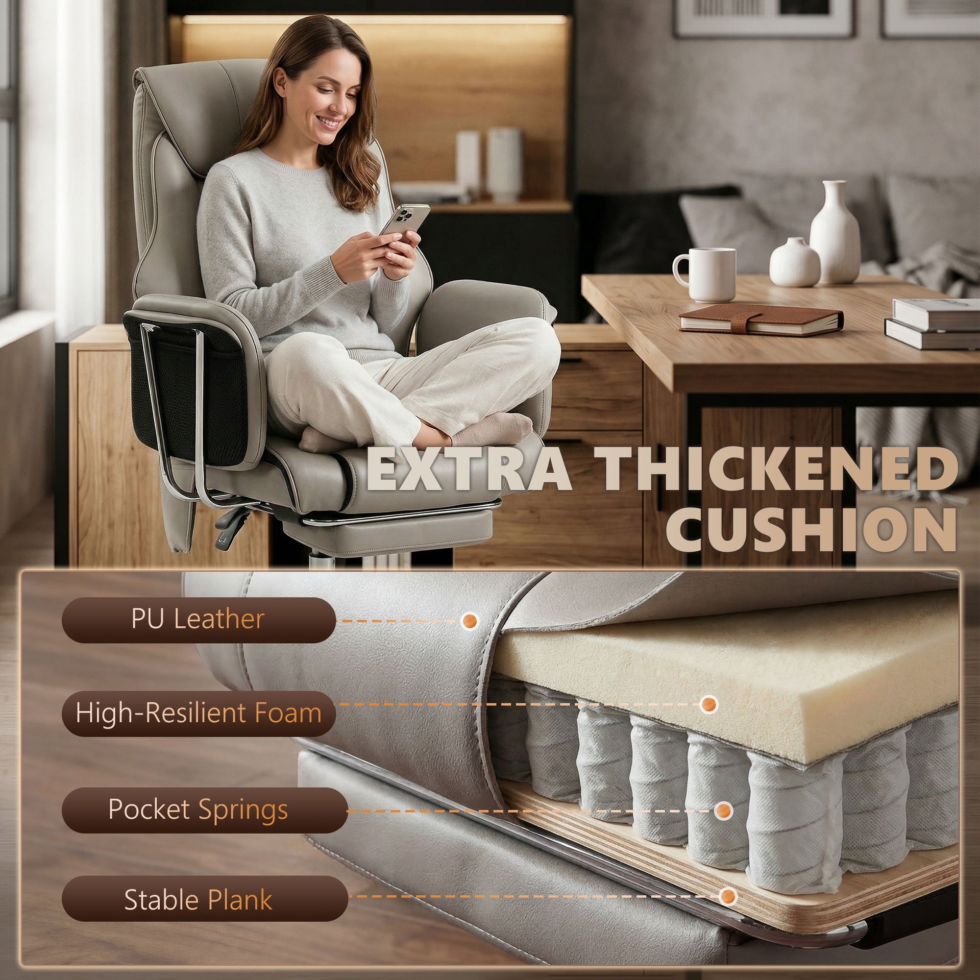 HOMCOM Massage Office Chair with 6 Points Vibration, Executive Desk Chair with High Back, PU Leather, Footrest, Gray