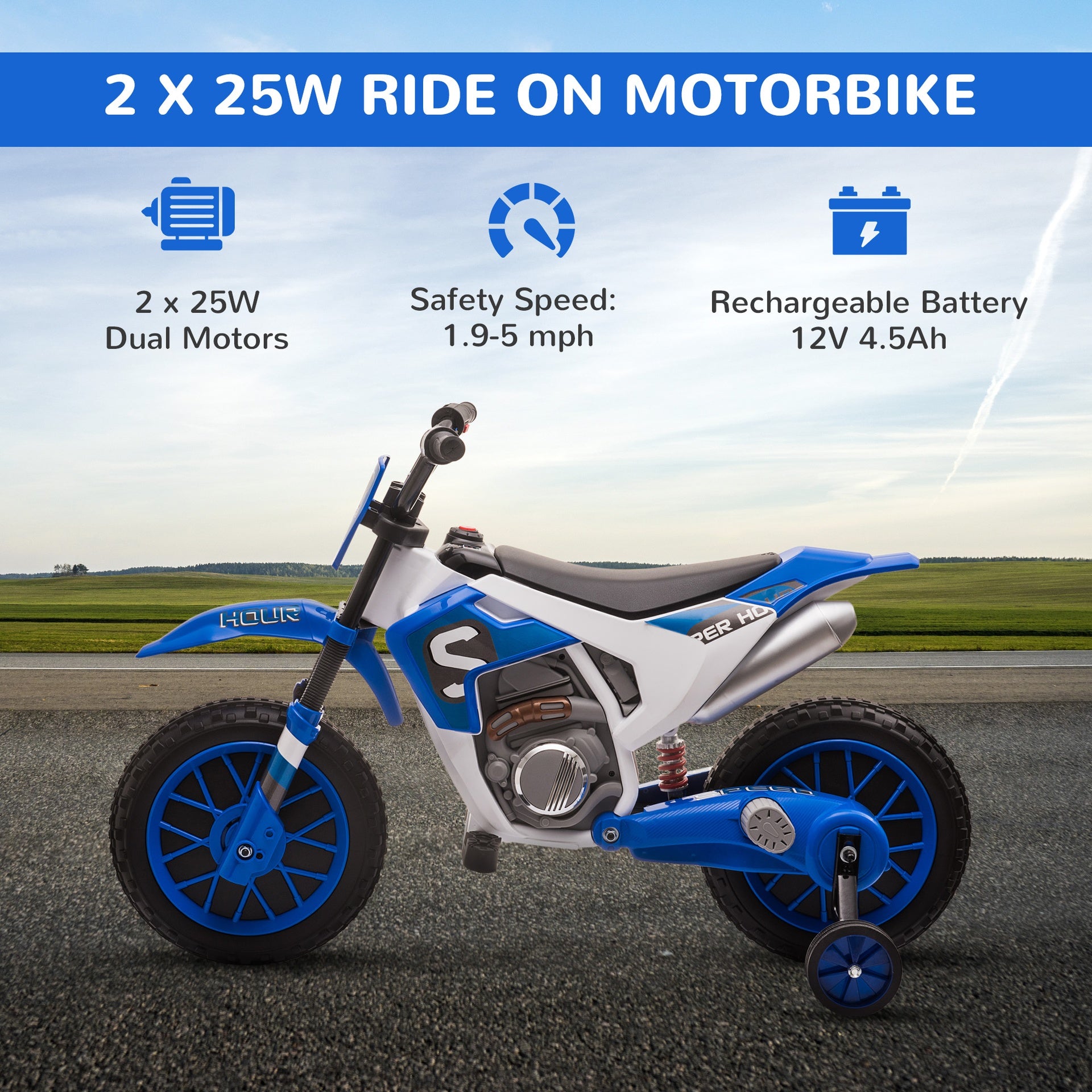 Aosom 12V Kids Motorcycle w/ Treaded Tires, 5mph Top Speed Electric Bike for Kids, Ride On Motorcycle w/ Training Wheels, Battery Charger, Spring Suspension, Blue