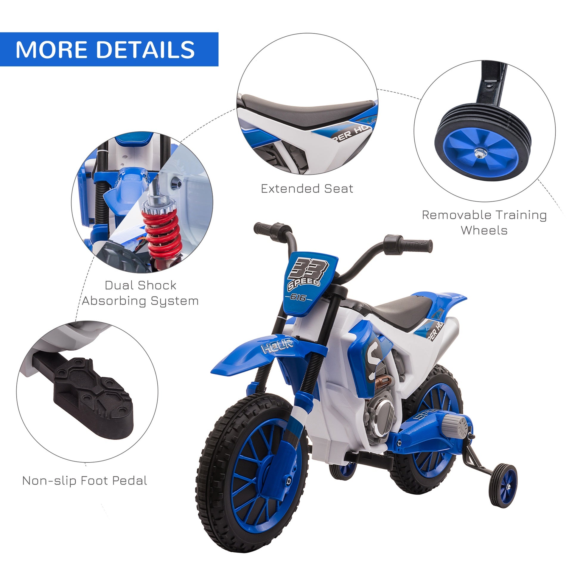 Aosom 12V Kids Motorcycle w/ Treaded Tires, 5mph Top Speed Electric Bike for Kids, Ride On Motorcycle w/ Training Wheels, Battery Charger, Spring Suspension, Blue