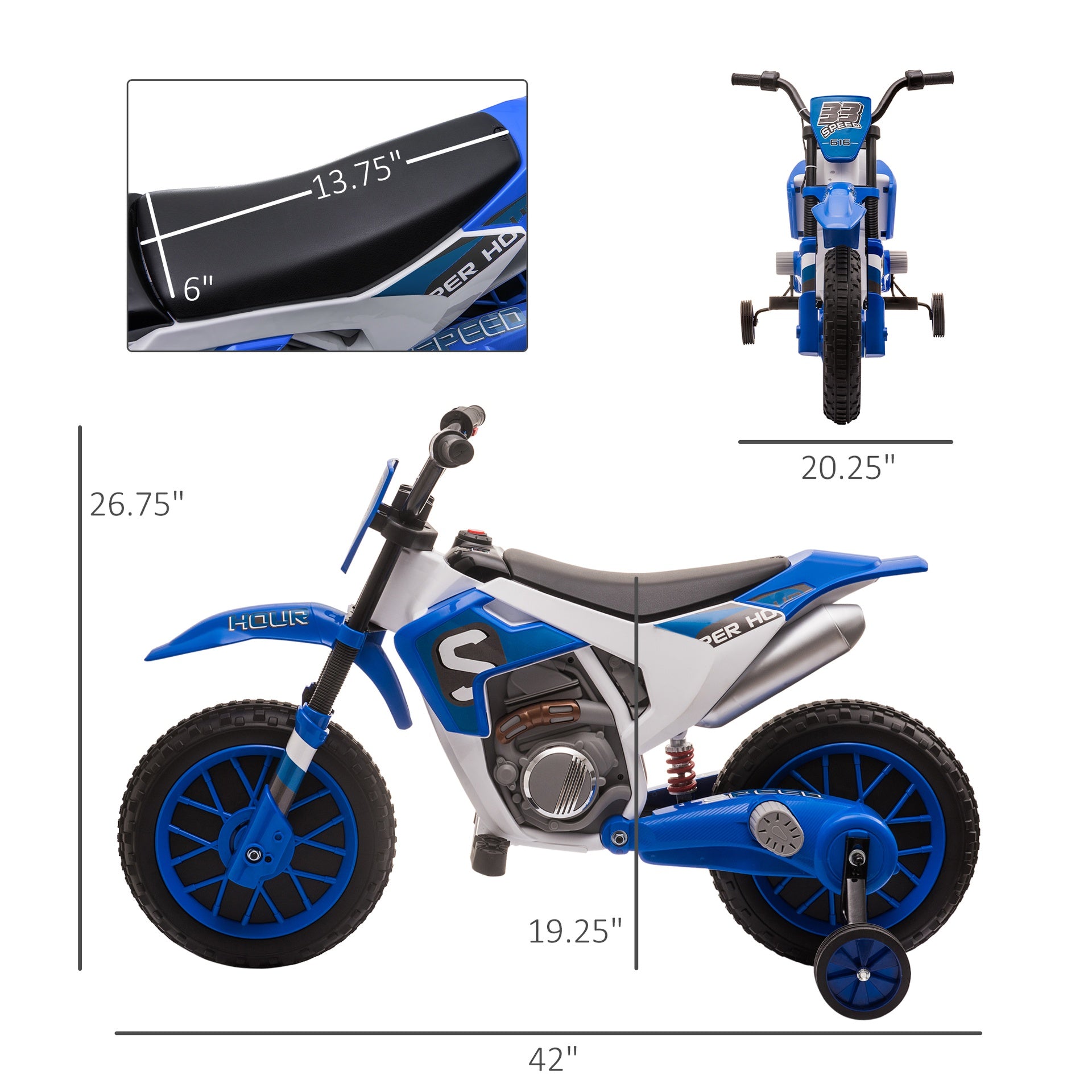 Aosom 12V Kids Motorcycle w/ Treaded Tires, 5mph Top Speed Electric Bike for Kids, Ride On Motorcycle w/ Training Wheels, Battery Charger, Spring Suspension, Blue