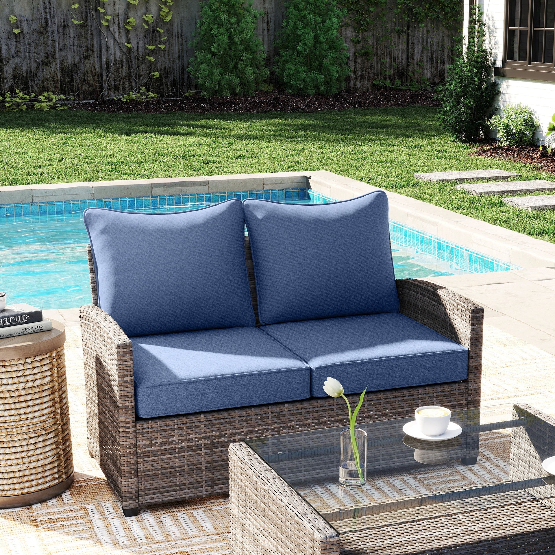 Outsunny Patio Chair Cushions Set of 2 with Seat & Backrest, Fade Resistant Seat Replacement Cushion Set, Blue