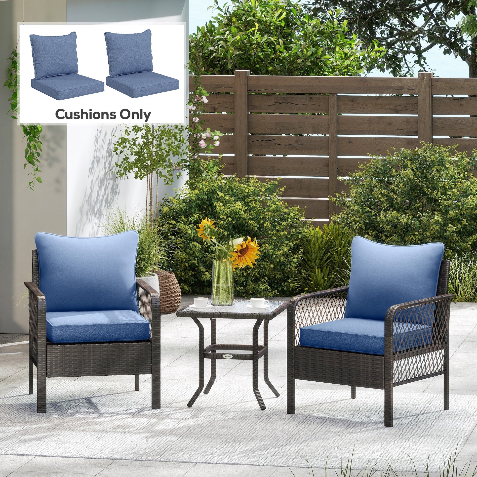 Outsunny Patio Chair Cushions Set of 2 with Seat & Backrest, Fade Resistant Seat Replacement Cushion Set, Blue