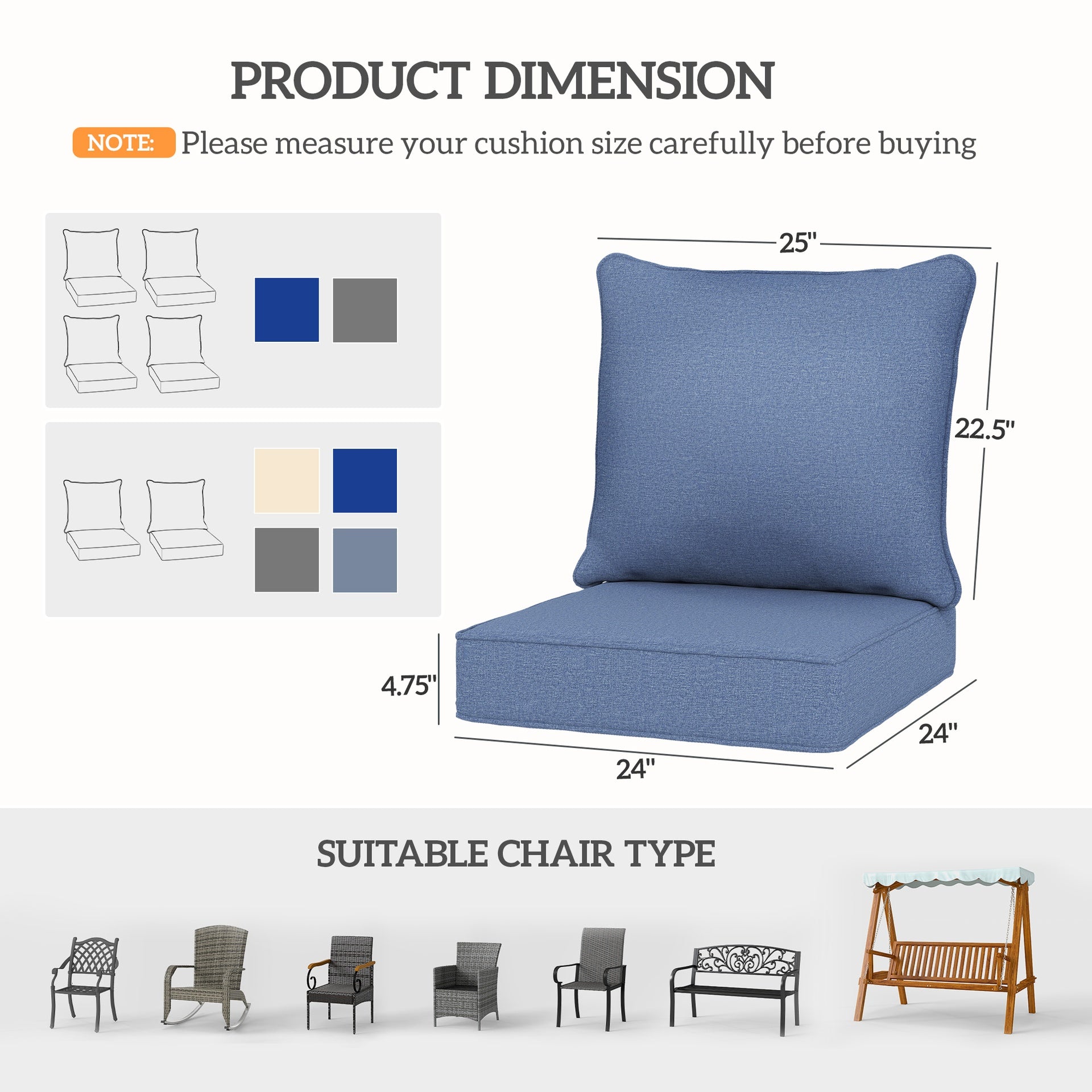 Outsunny Patio Chair Cushions Set of 2 with Seat & Backrest, Fade Resistant Seat Replacement Cushion Set, Blue