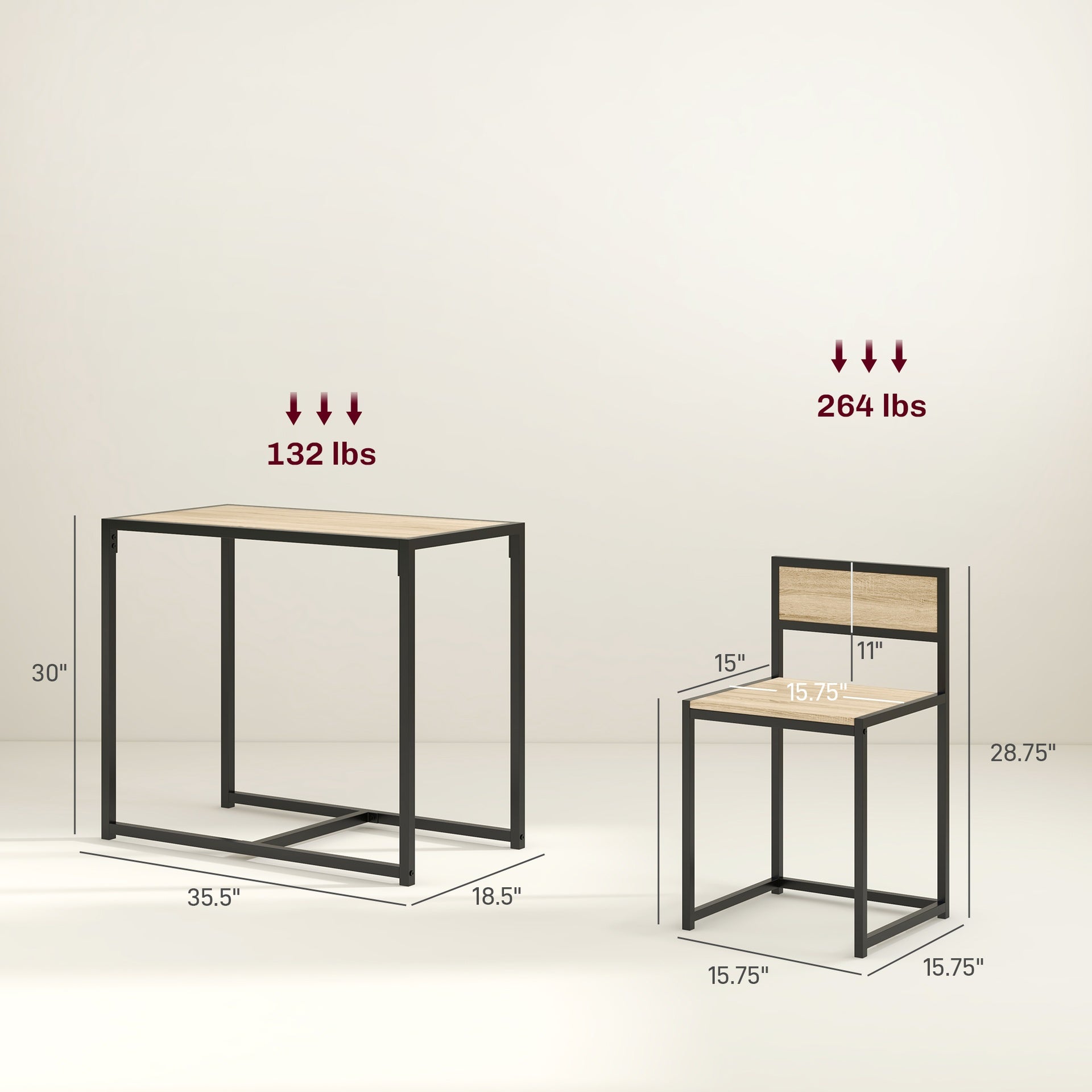 HOMCOM 3-Piece Dining Room Set, Industrial Kitchen Table Set with Rectangular Table and 2 Dining Chairs, Oak