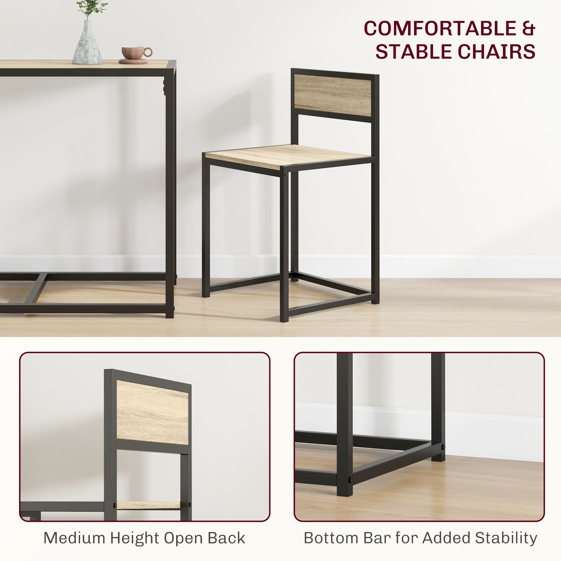 HOMCOM 3-Piece Dining Room Set, Industrial Kitchen Table Set with Rectangular Table and 2 Dining Chairs, Oak