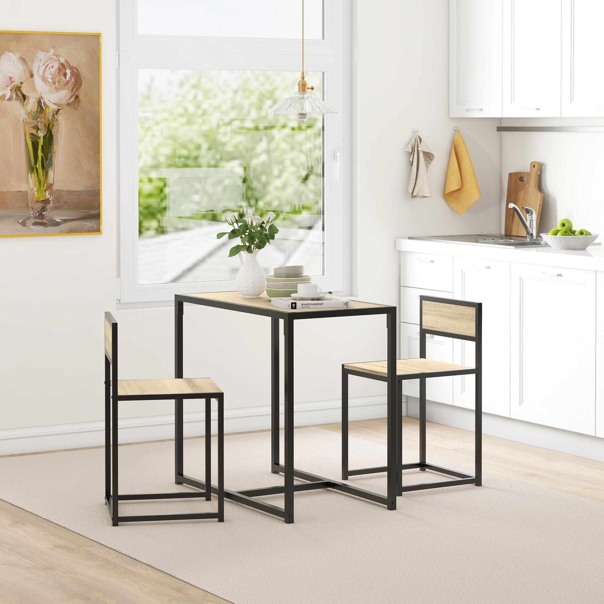 HOMCOM 3-Piece Dining Room Set, Industrial Kitchen Table Set with Rectangular Table and 2 Dining Chairs, Oak