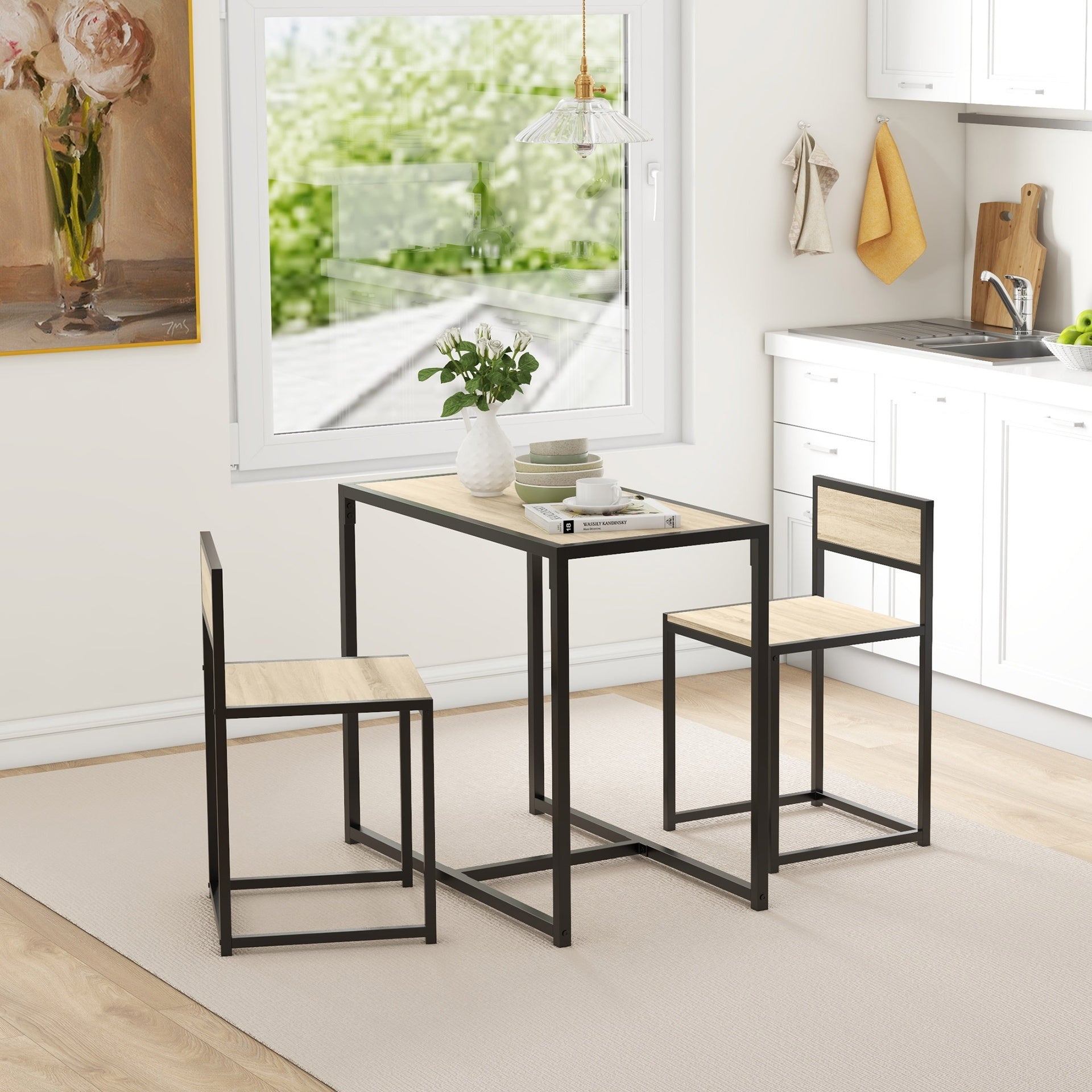 HOMCOM 3-Piece Dining Room Set, Industrial Kitchen Table Set with Rectangular Table and 2 Dining Chairs, Oak