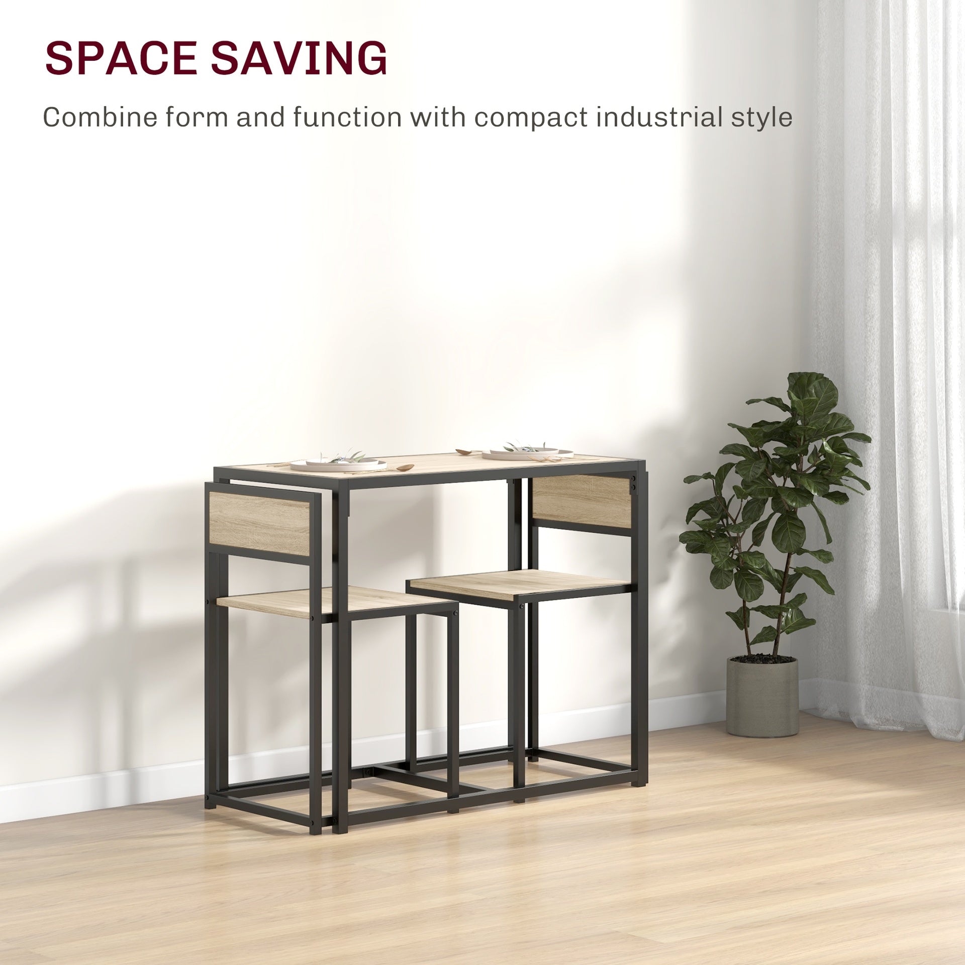 HOMCOM 3-Piece Dining Room Set, Industrial Kitchen Table Set with Rectangular Table and 2 Dining Chairs, Oak