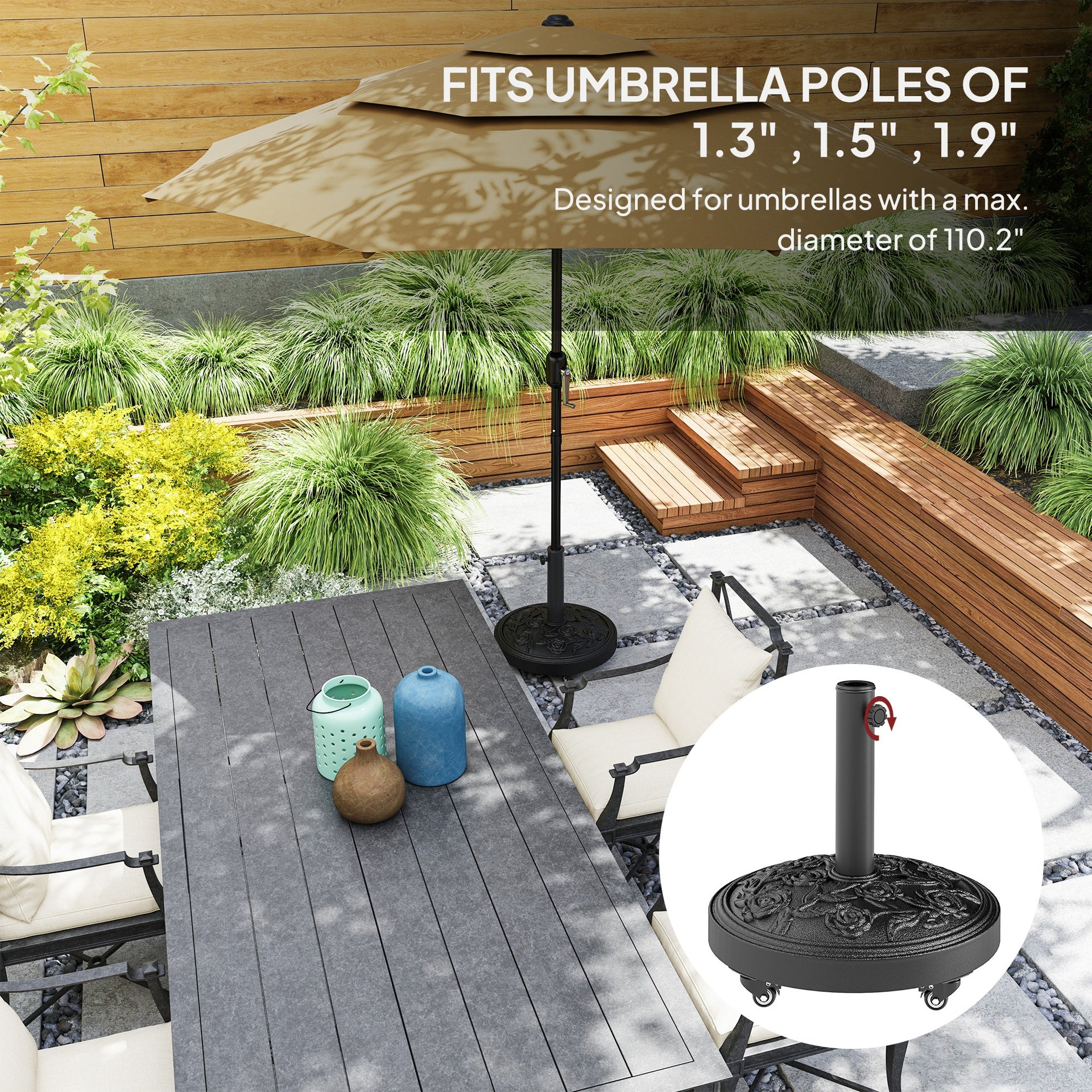 Outsunny Round Patio Umbrella Base, 46 lbs Resin Umbrella Base with Wheels, Outdoor Umbrella Stand for 1.3"/1.5"/1.9" Umbrella Poles for Outdoor, Lawn, Poolside, Black
