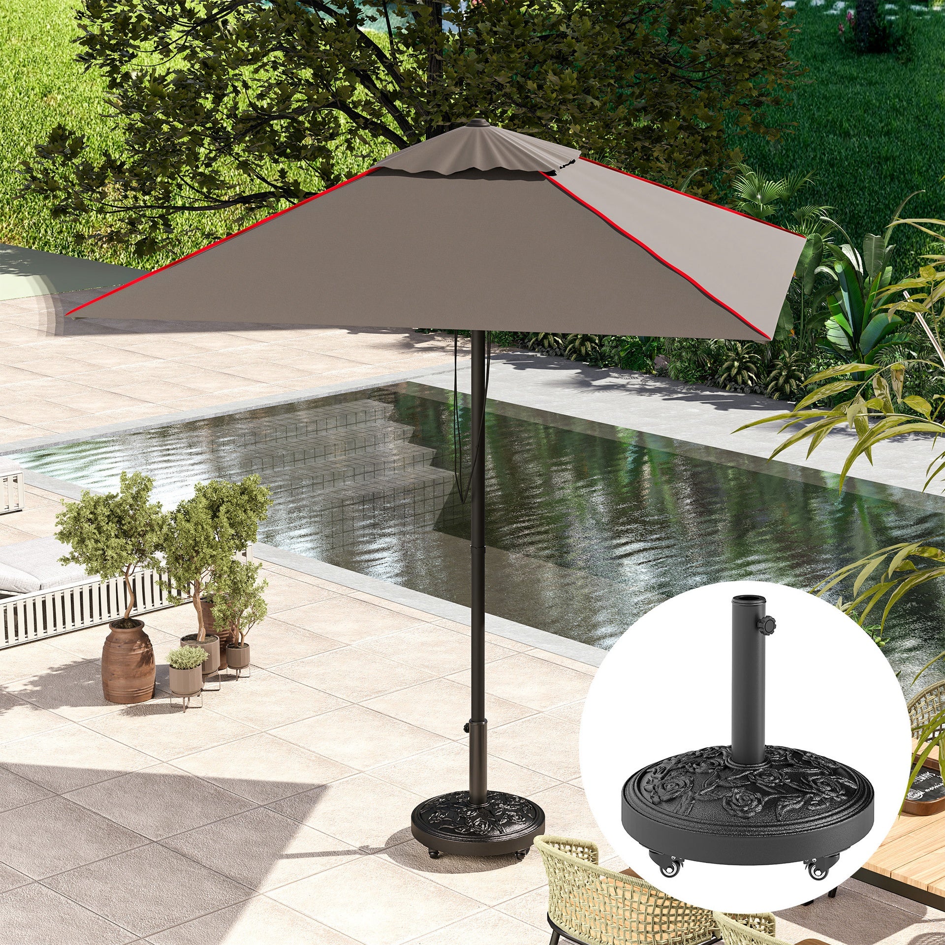 Outsunny Round Patio Umbrella Base, 46 lbs Resin Umbrella Base with Wheels, Outdoor Umbrella Stand for 1.3"/1.5"/1.9" Umbrella Poles for Outdoor, Lawn, Poolside, Black