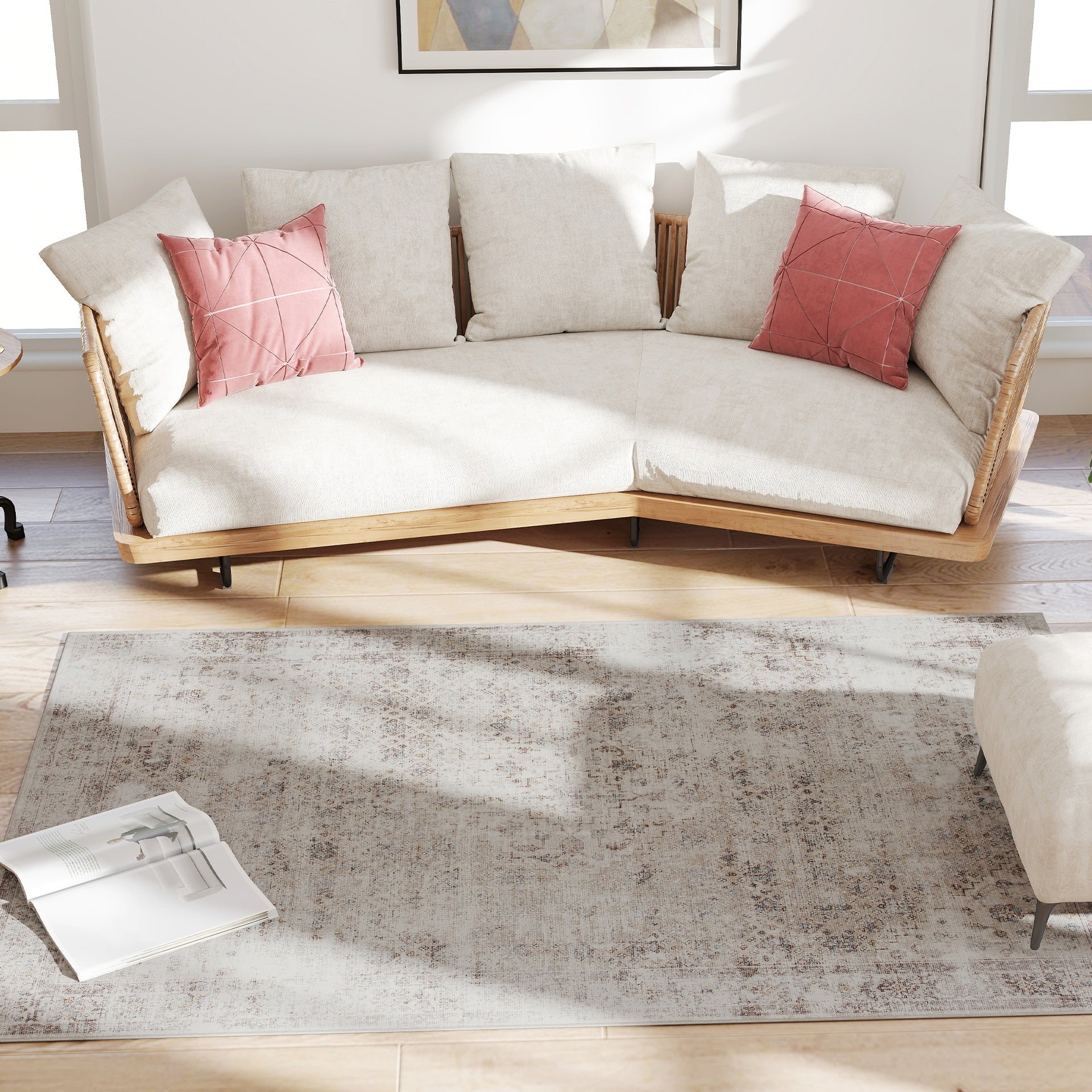 HOMCOM Machine Washable Area Rug 4x6, Non-Slip Traditional Floor Carpet for Living Room, Bedroom, Light Mixed-Brown