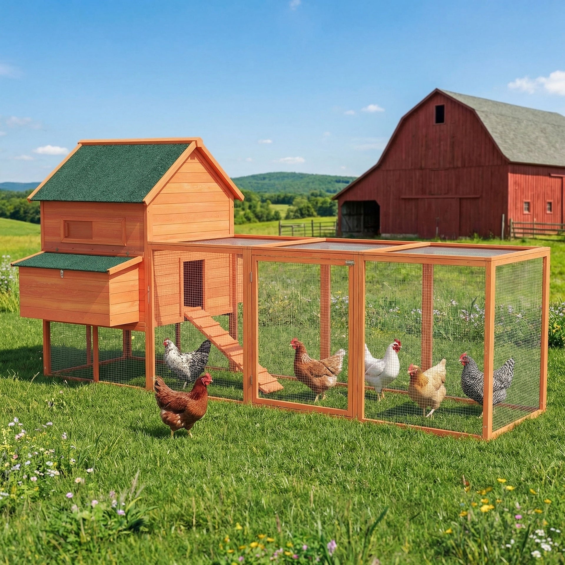 PawHut 137" Wooden Chicken Coop for 4-6 Chickens, Backyard, Orange
