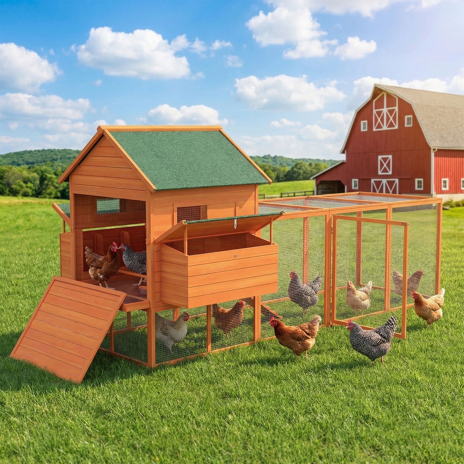 PawHut 137" Wooden Chicken Coop for 4-6 Chickens, Backyard, Orange