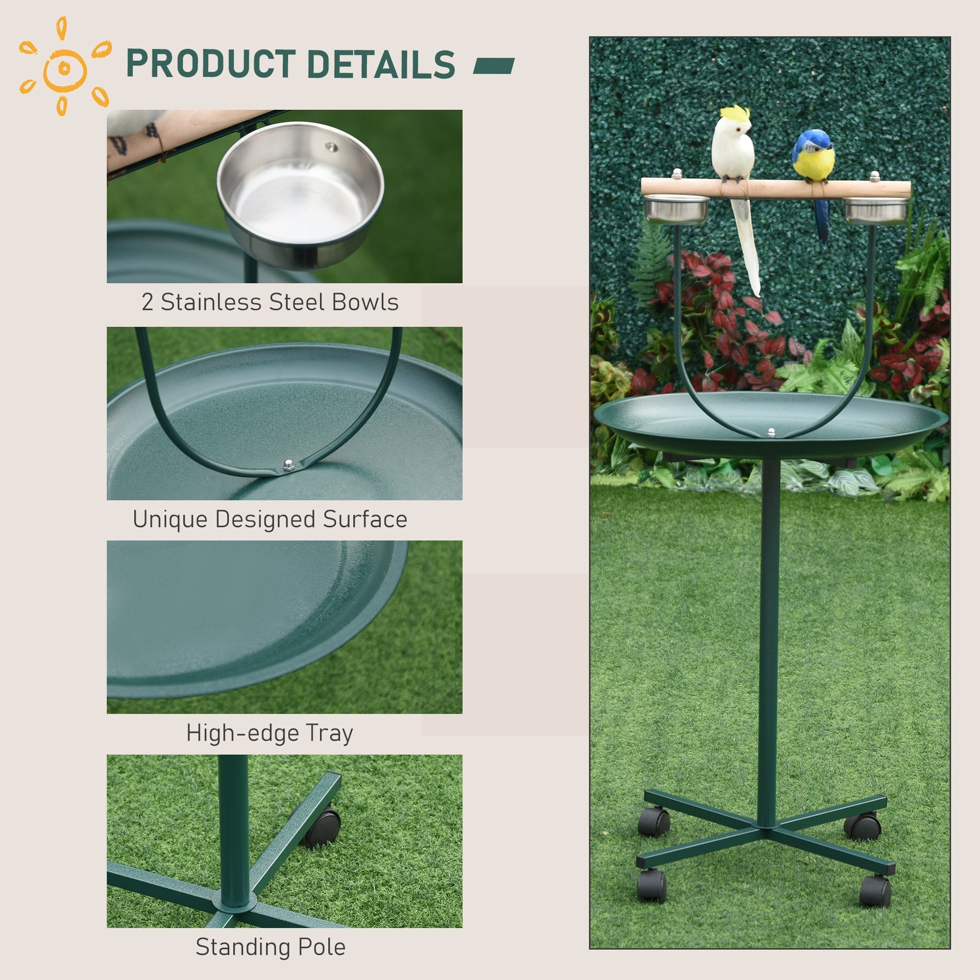 PawHut 48" Rolling T-Stand, Parrot Stand, Bird Training Activity Playground With Wheels and Perch,, Bird Play Perch, Green