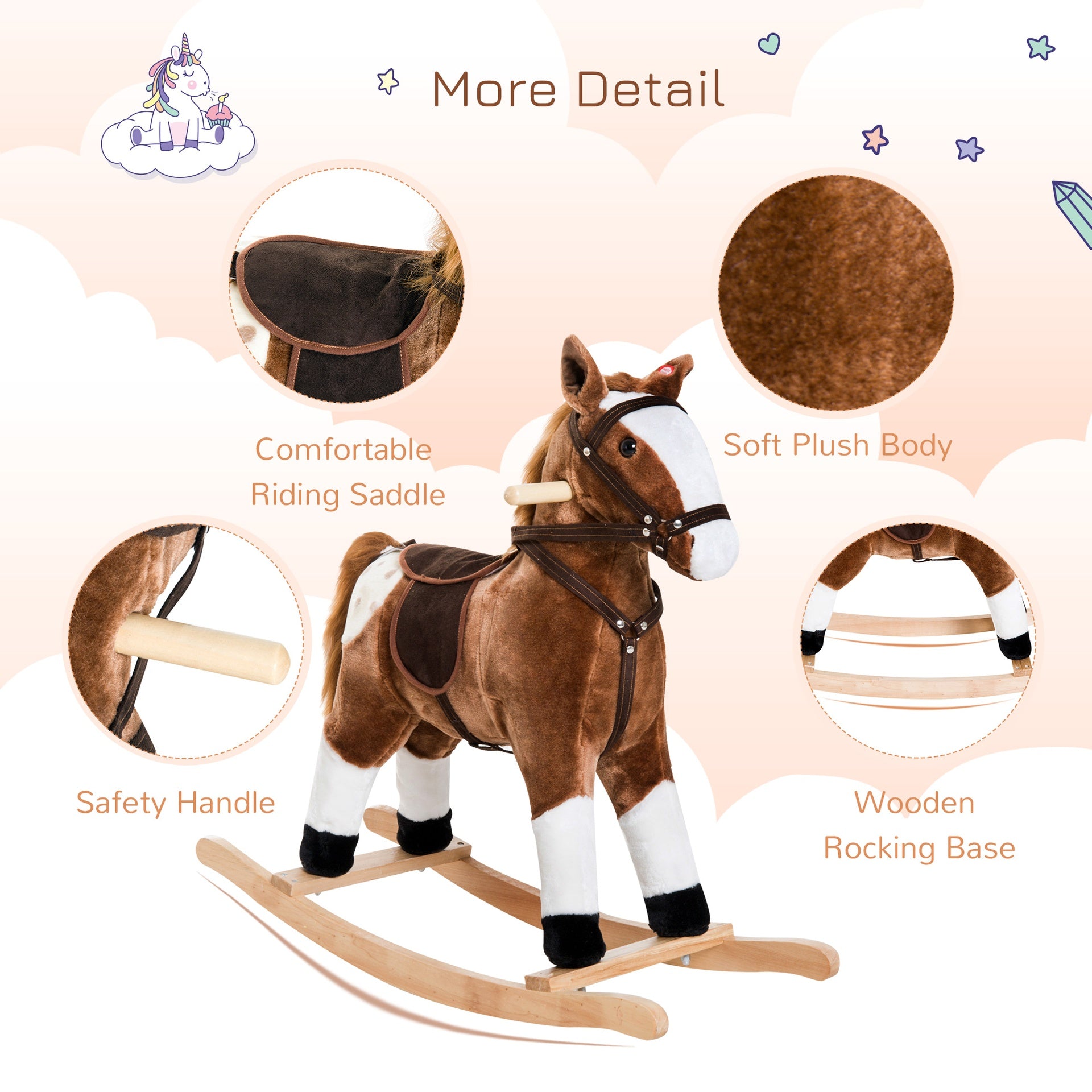Qaba Kids Plush Toy Rocking Horse Pony Toddler Ride on Animal for Girls Pink Birthday Gifts with Realistic Sounds, Brown