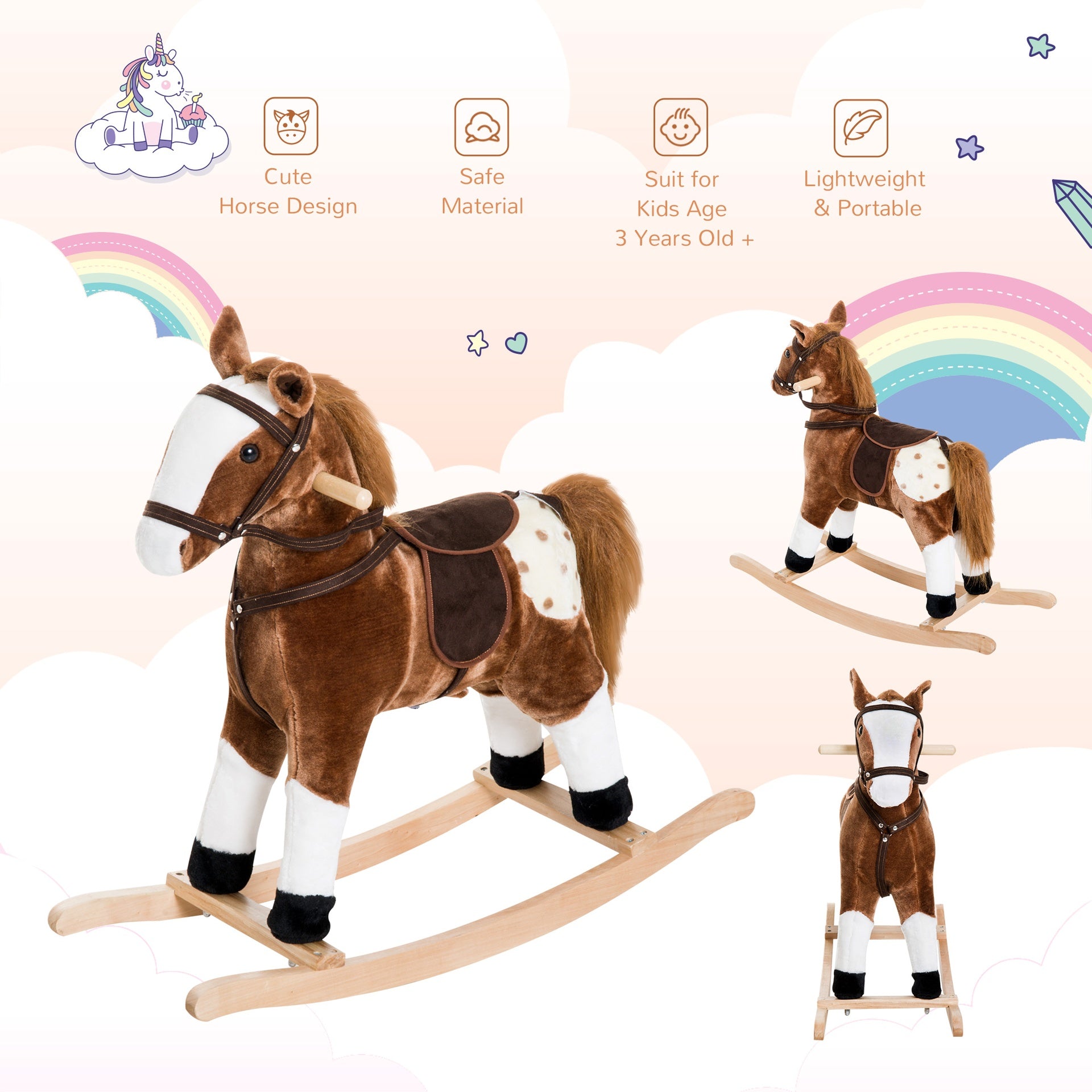 Qaba Kids Plush Toy Rocking Horse Pony Toddler Ride on Animal for Girls Pink Birthday Gifts with Realistic Sounds, Brown
