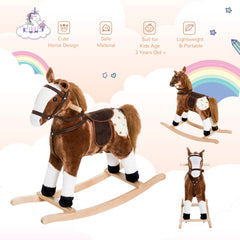 Qaba Kids Plush Toy Rocking Horse Pony Toddler Ride on Animal for Girls Pink Birthday Gifts with Realistic Sounds, Brown