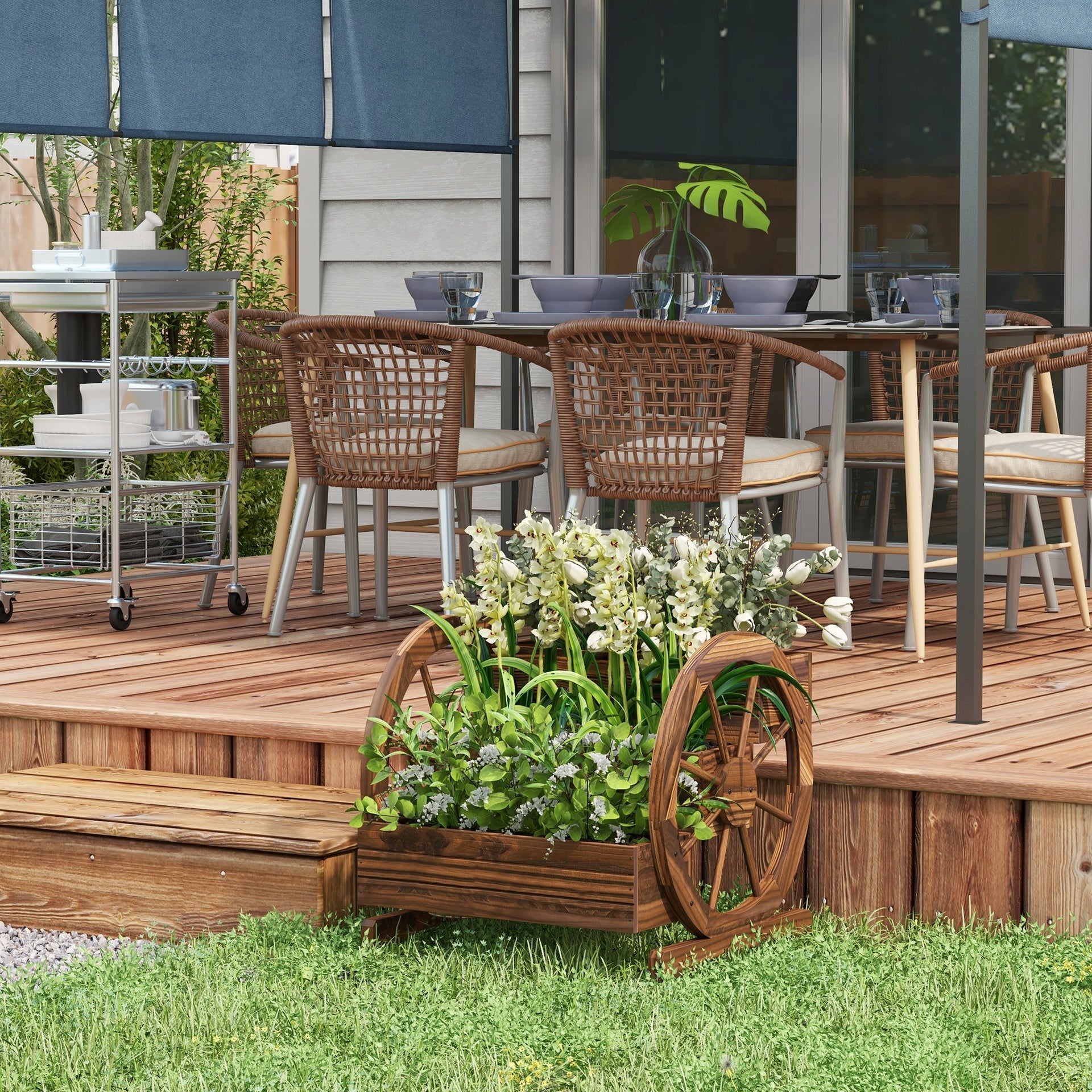 Outsunny Wooden Wagon Planter Box, 3-Tier Raised Garden Bed, for Vegetables Flowers Herbs, 25" x 24" x 23"