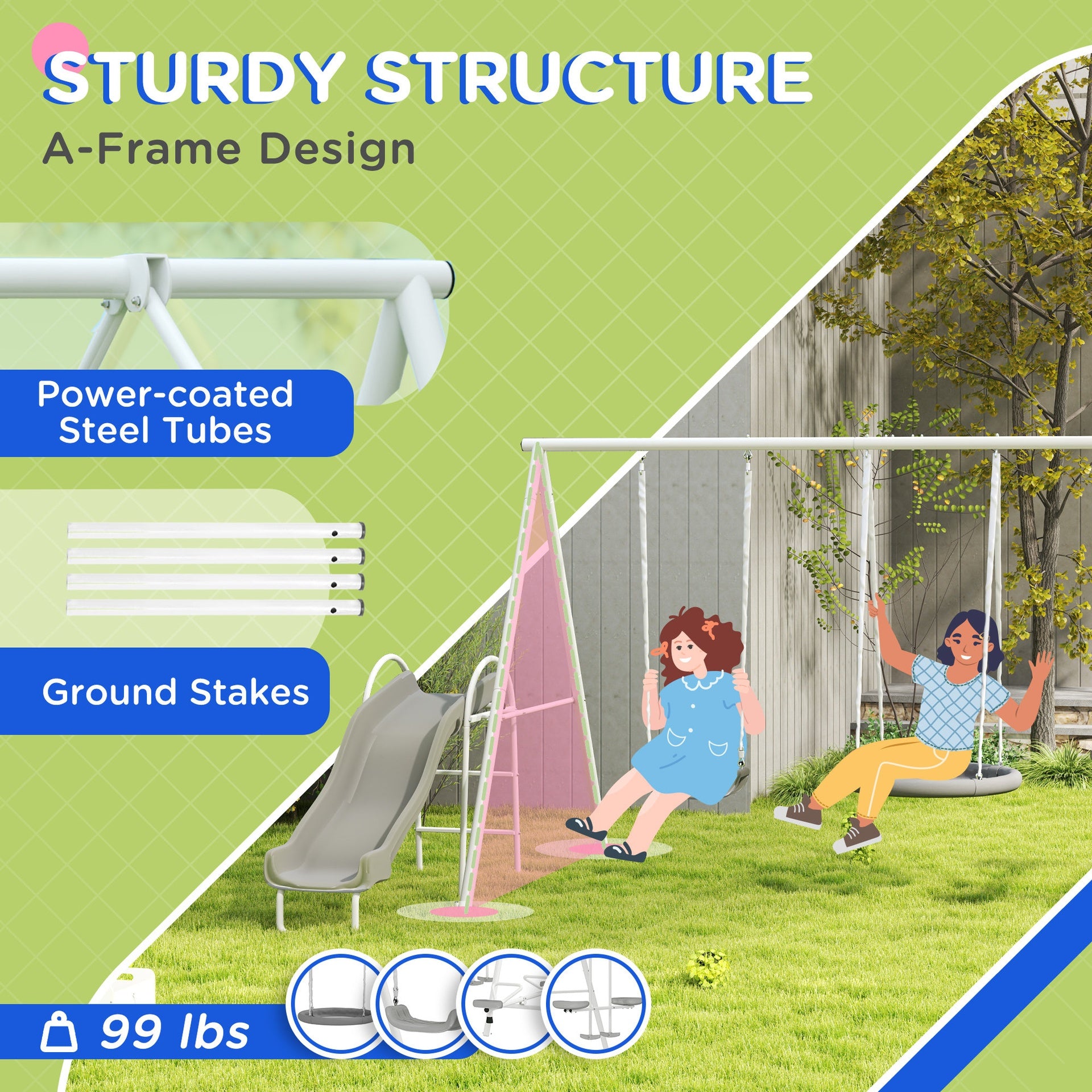 Outsunny 5 in 1 Kids Swing Set for Backyard with Heavy-Duty A-Frame Stand, Saucer Swing, Slide, Seesaw, Glider, Swing Seat, Gray