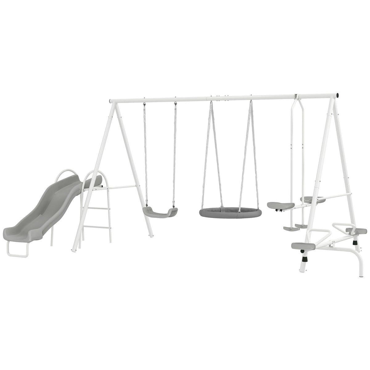 Outsunny 5 in 1 Kids Swing Set for Backyard with Heavy-Duty A-Frame Stand, Saucer Swing, Slide, Seesaw, Glider, Swing Seat, Gray