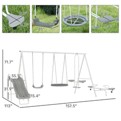 Outsunny 5 in 1 Kids Swing Set for Backyard with Heavy-Duty A-Frame Stand, Saucer Swing, Slide, Seesaw, Glider, Swing Seat, Gray