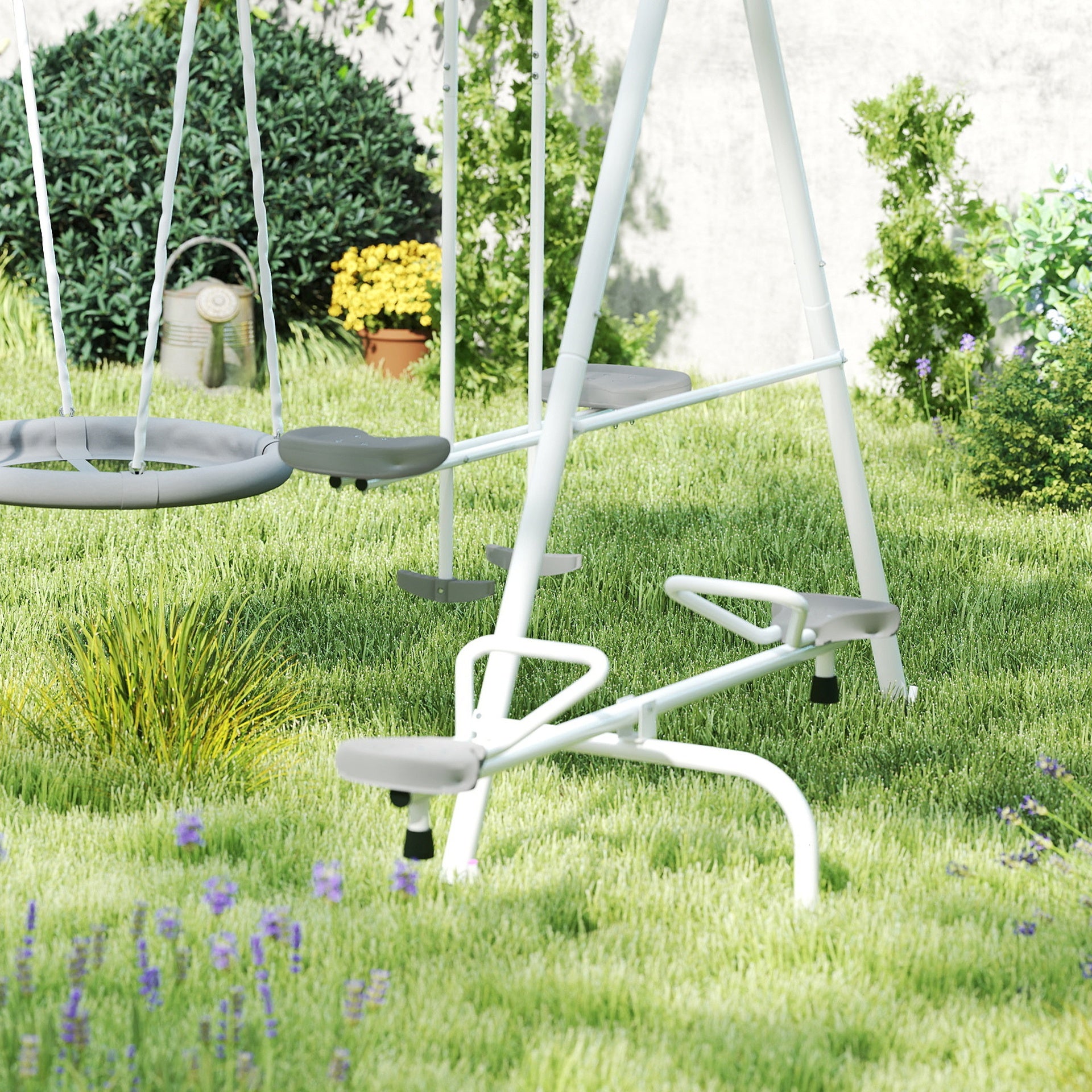 Outsunny 5 in 1 Kids Swing Set for Backyard with Heavy-Duty A-Frame Stand, Saucer Swing, Slide, Seesaw, Glider, Swing Seat, Gray