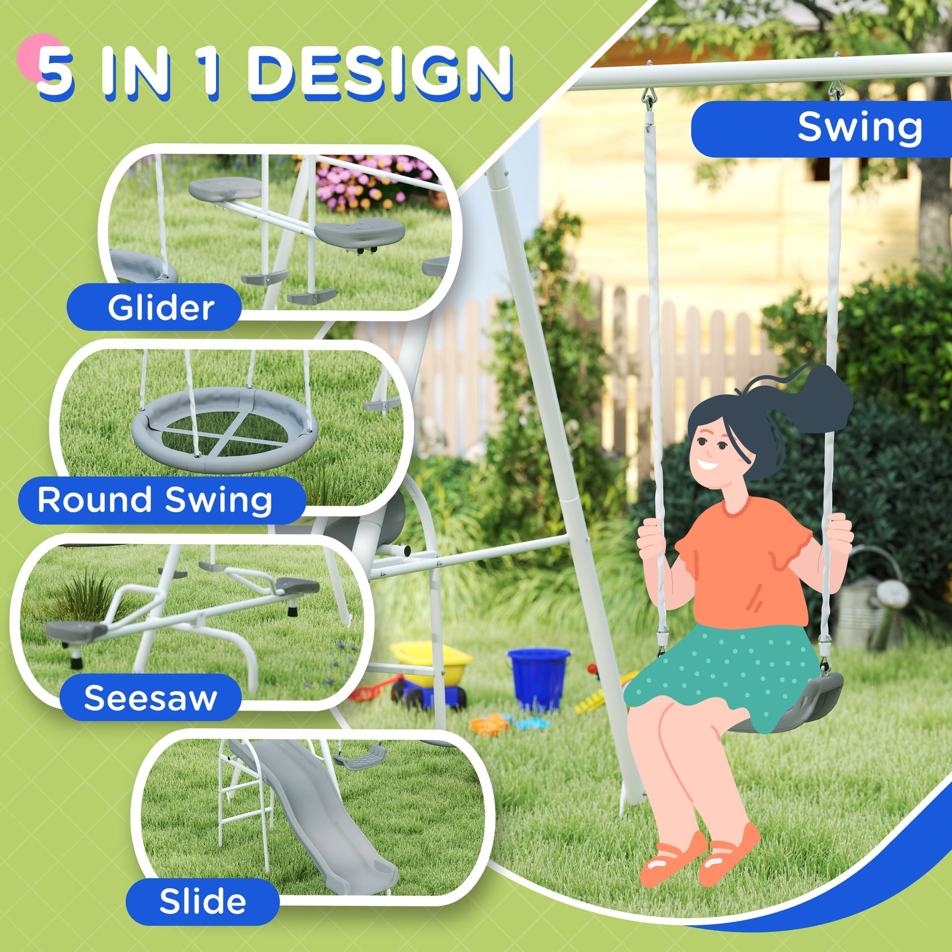 Outsunny 5 in 1 Kids Swing Set for Backyard with Heavy-Duty A-Frame Stand, Saucer Swing, Slide, Seesaw, Glider, Swing Seat, Gray