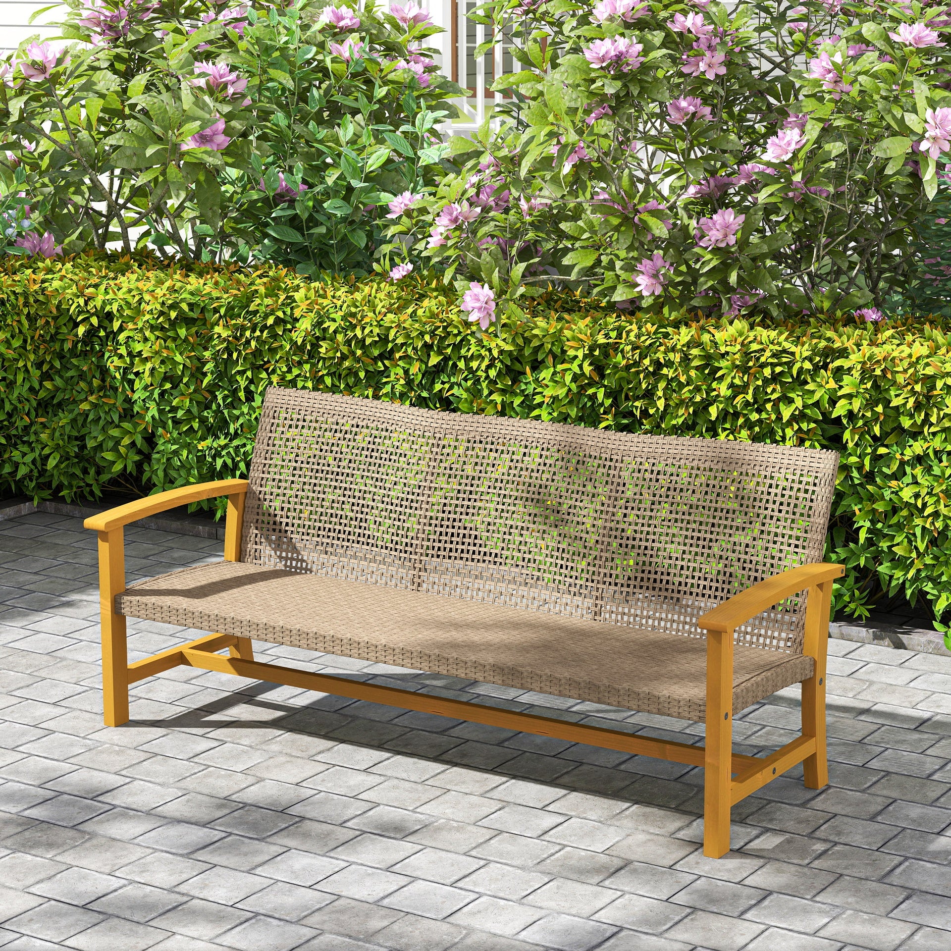Outsunny 3-Seat Wicker Outdoor Couch Patio Sofa, Acacia Wood Patio Furniture with Steel Seat Armrests, 1000 LBS Capacity, Teak