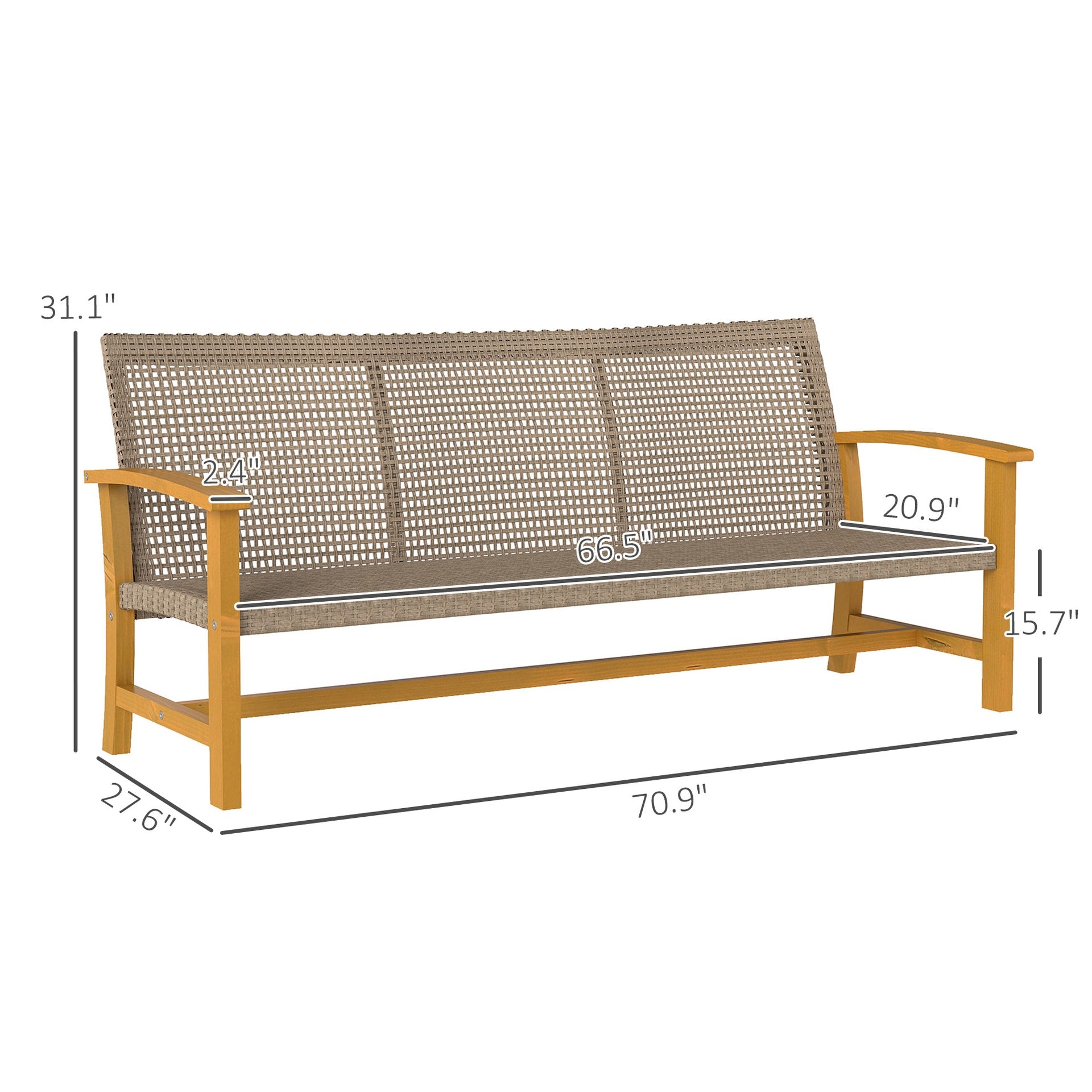 Outsunny 3-Seat Wicker Outdoor Couch Patio Sofa, Acacia Wood Patio Furniture with Steel Seat Armrests, 1000 LBS Capacity, Teak