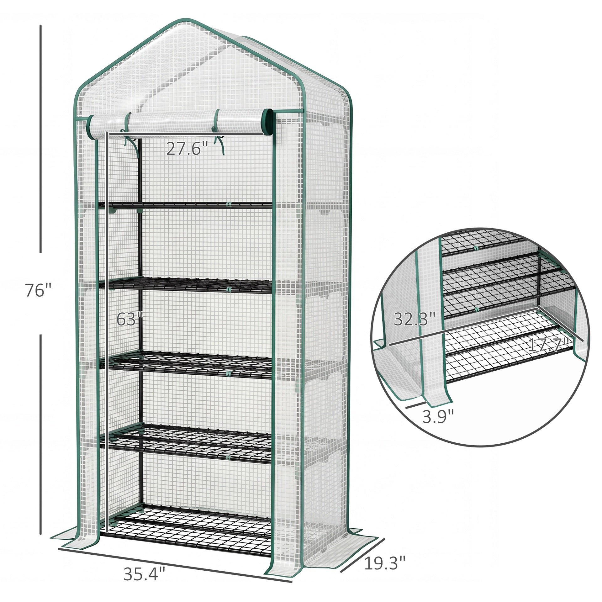 Outsunny 5 Tier Mini Greenhouse, Small Portable Greenhouse with PE Cover, Roll-Up Zippered Door, 76" x 35.4" x 19.3", White