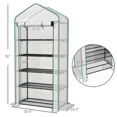Outsunny 5 Tier Mini Greenhouse, Small Portable Greenhouse with PE Cover, Roll-Up Zippered Door, 76" x 35.4" x 19.3", White