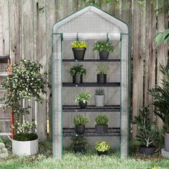 Outsunny 5 Tier Mini Greenhouse, Small Portable Greenhouse with PE Cover, Roll-Up Zippered Door, 76" x 35.4" x 19.3", White