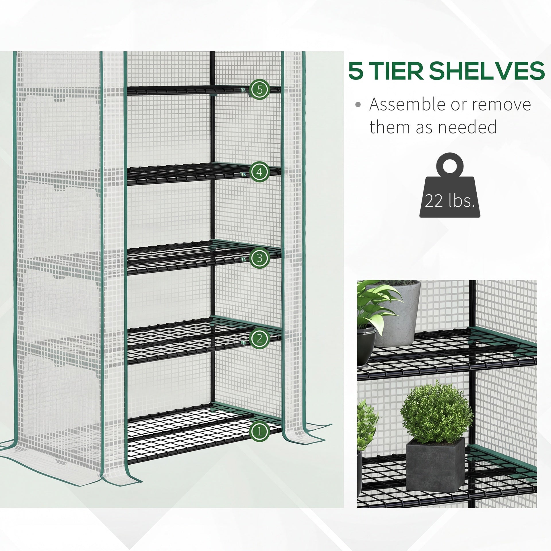 Outsunny 5 Tier Mini Greenhouse, Small Portable Greenhouse with PE Cover, Roll-Up Zippered Door, 76" x 35.4" x 19.3", White