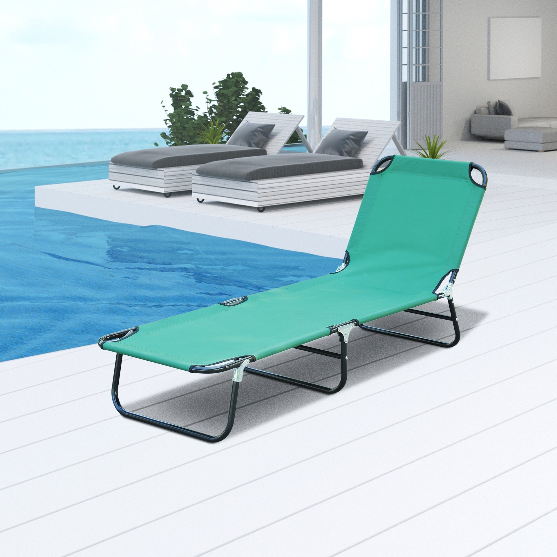 Outsunny Folding Patio Lounge Chair, Outdoor Sun Tanning Chair, 5-level Adjustable Back, Chaise Pool Breathable Chair with Steel Frame, for Beach, Yard, Green