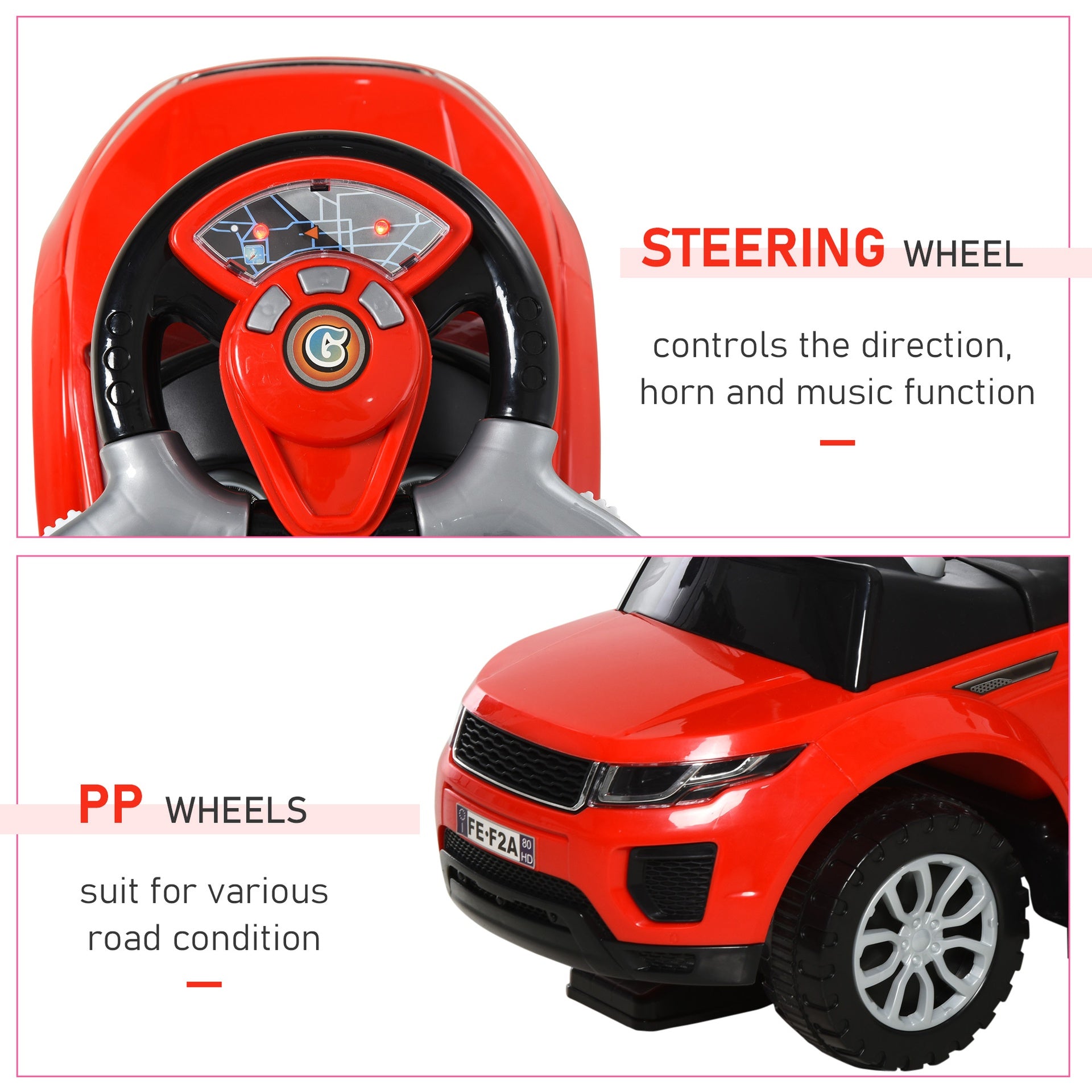 Aosom 2 In 1 Push Cars for Toddlers Kid Ride on Push Car Stroller Sliding Car with Horn Music Light Function Secure Bar Ride on Toy for Boy Girl 1-3 Years Old Red