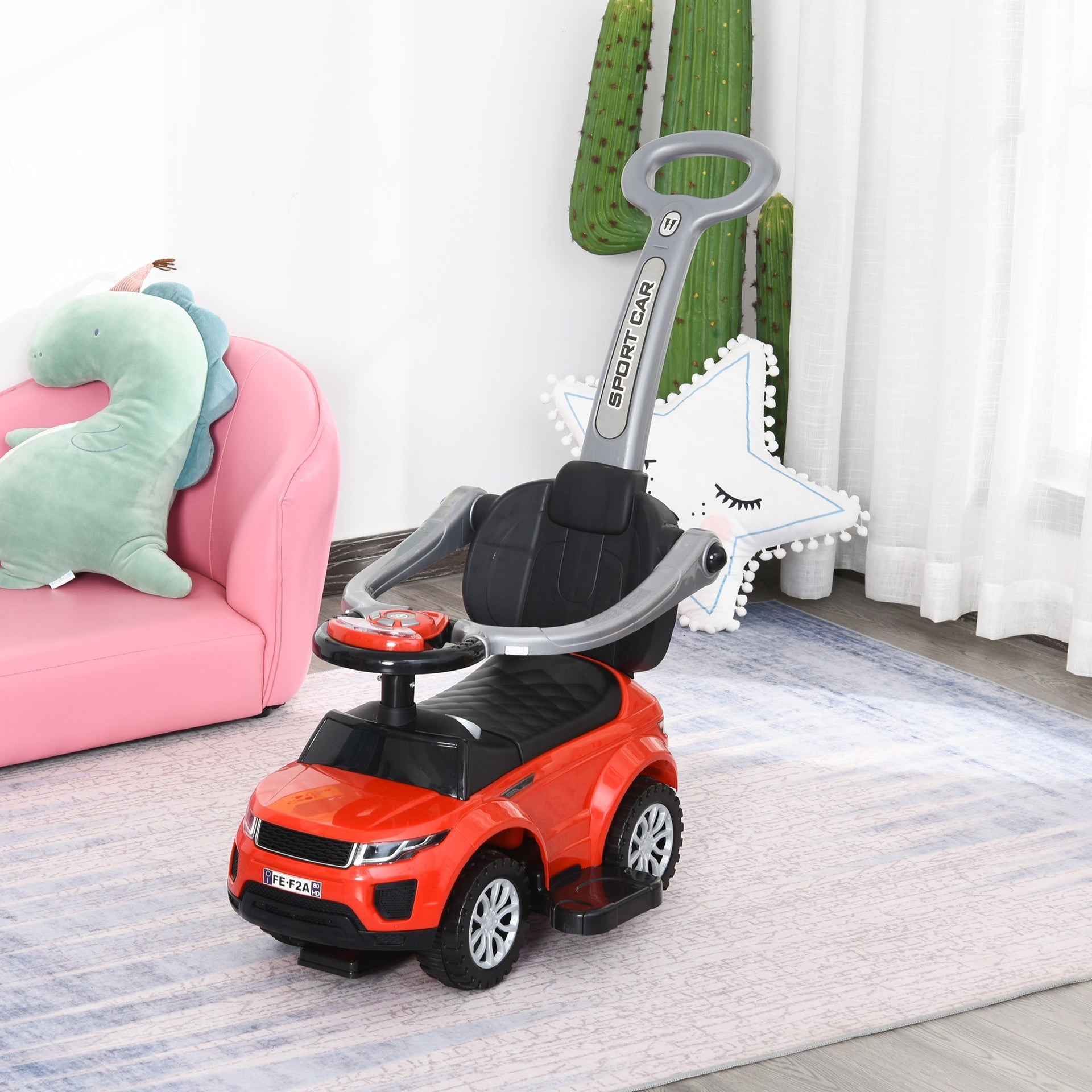 Aosom 2 In 1 Push Cars for Toddlers Kid Ride on Push Car Stroller Sliding Car with Horn Music Light Function Secure Bar Ride on Toy for Boy Girl 1-3 Years Old Red