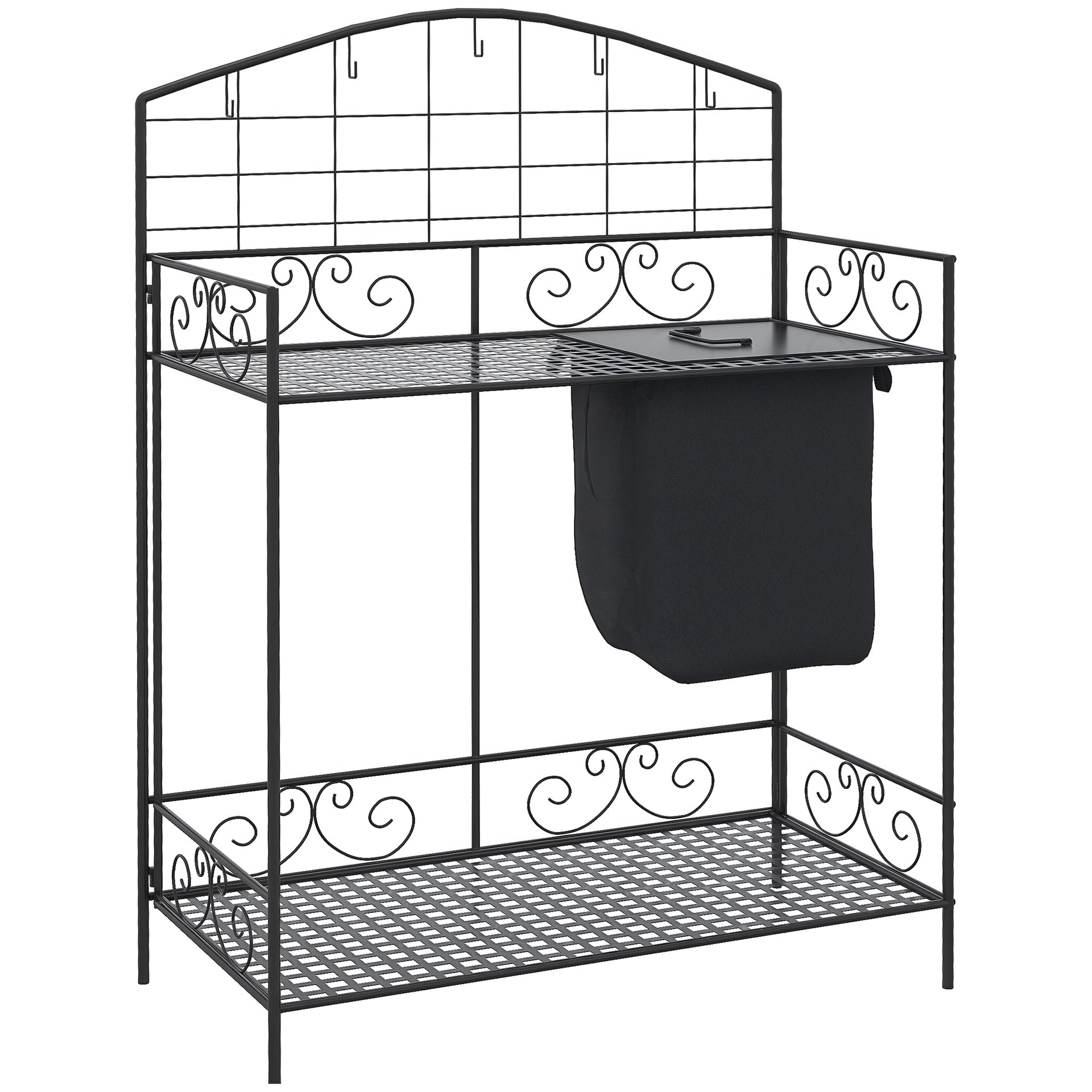 Outsunny Folding Potting Bench Table, Metal Garden Workstation, Work Bench with Large Build-In Bag with Cover, 5 Hanging Hooks & Storage Shelf, Flourishes