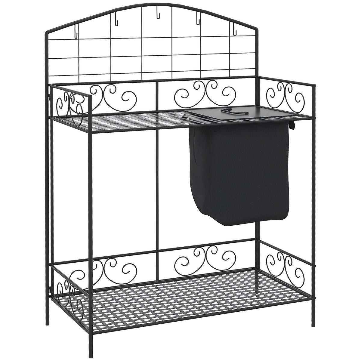 Outsunny Folding Potting Bench Table, Metal Garden Workstation, Work Bench with Large Build-In Bag with Cover, 5 Hanging Hooks & Storage Shelf, Flourishes