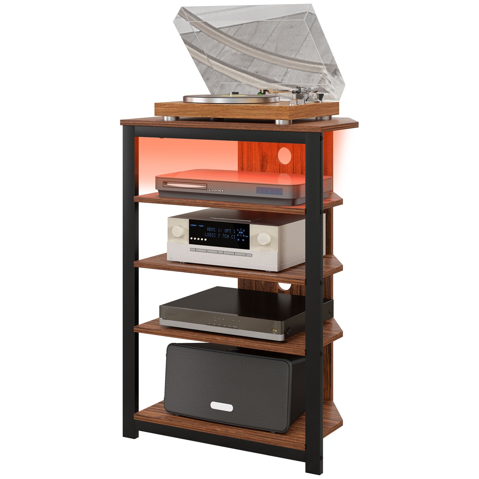 HOMCOM LED TV Stand, Entertainment Center with Storage Shelves and Steel Frame for Living Room, Brown