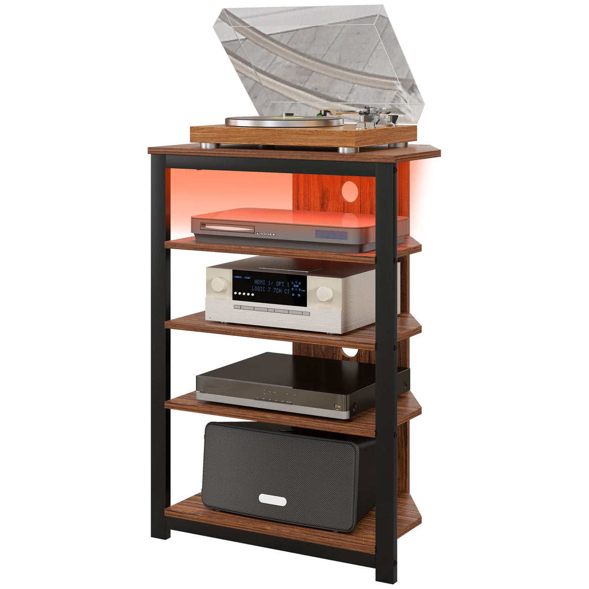 HOMCOM LED TV Stand, Entertainment Center with Storage Shelves and Steel Frame for Living Room, Brown